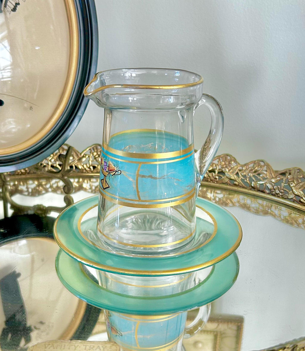 Vintage Hand-painted Small Glass Pitcher/Creamer with Under-plate, Blue and Gold Trim