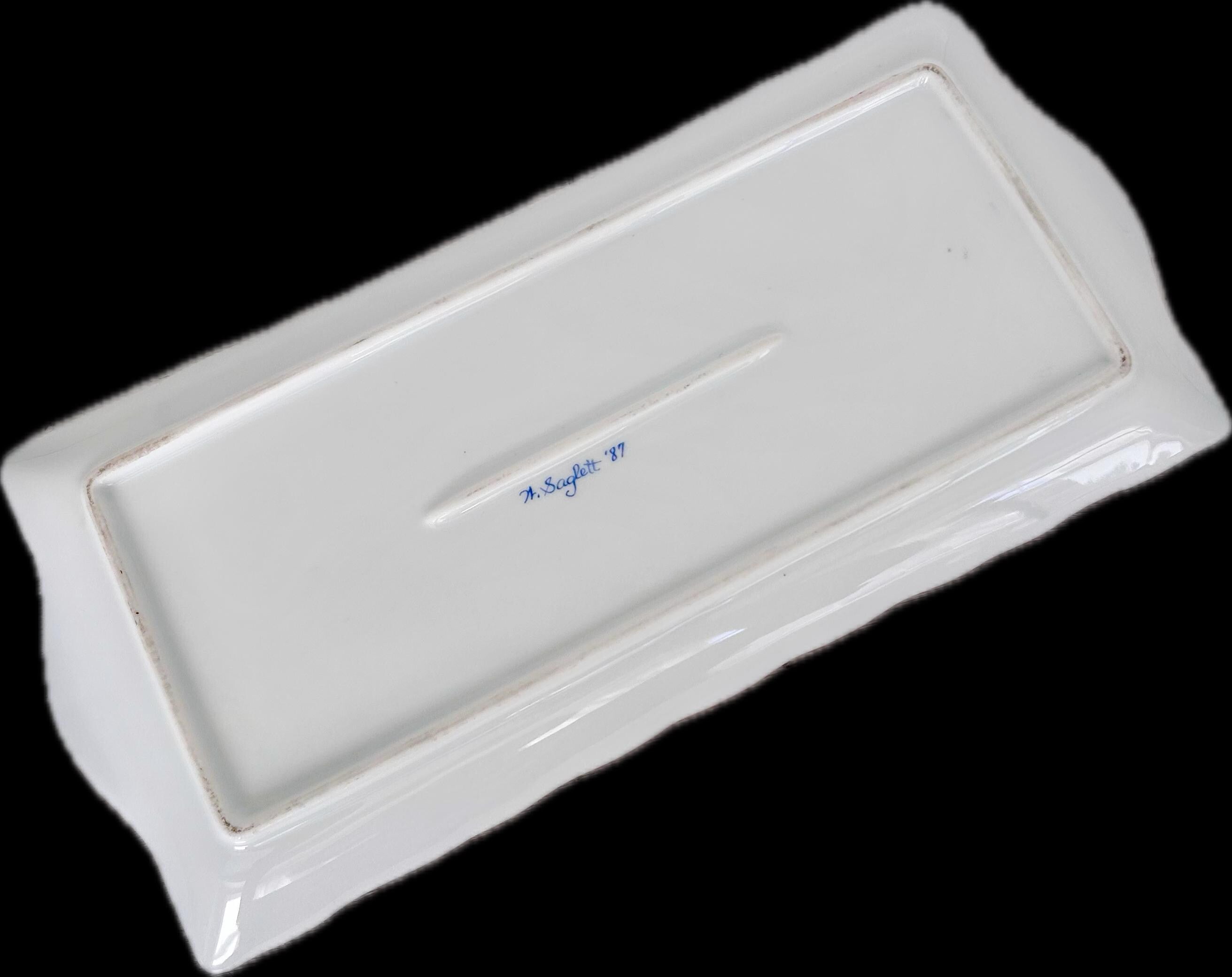 Vintage Hand-painted Porcelain Rectangular Tray with Forget-me-nots