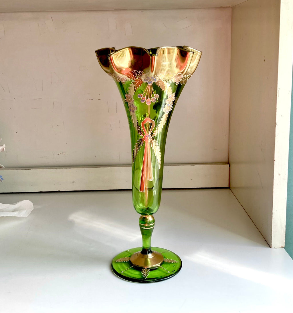 Bohemian Green Glass Ruffled Vase: Gilt Floral Hand-Painted Decor