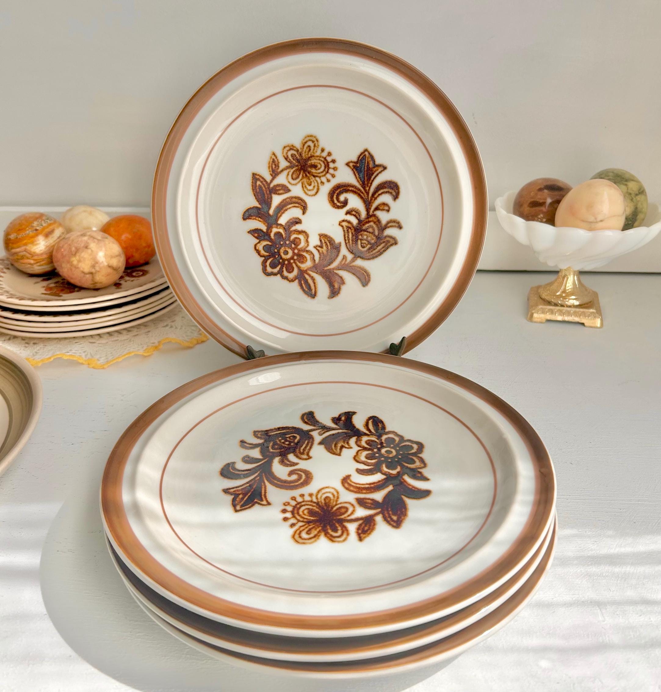 Vintage Stoneware Side Plates Set: Brown Floral Monterrey, Japan