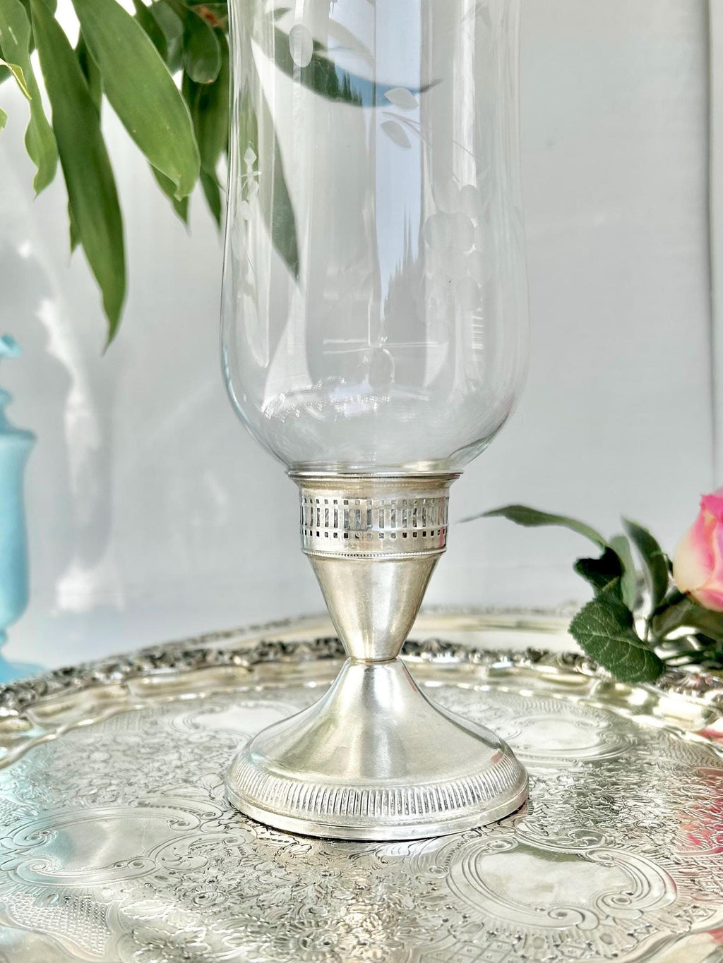 Vintage Weighted Sterling Silver Hurricane Candle Holder with Etched Grape Shade