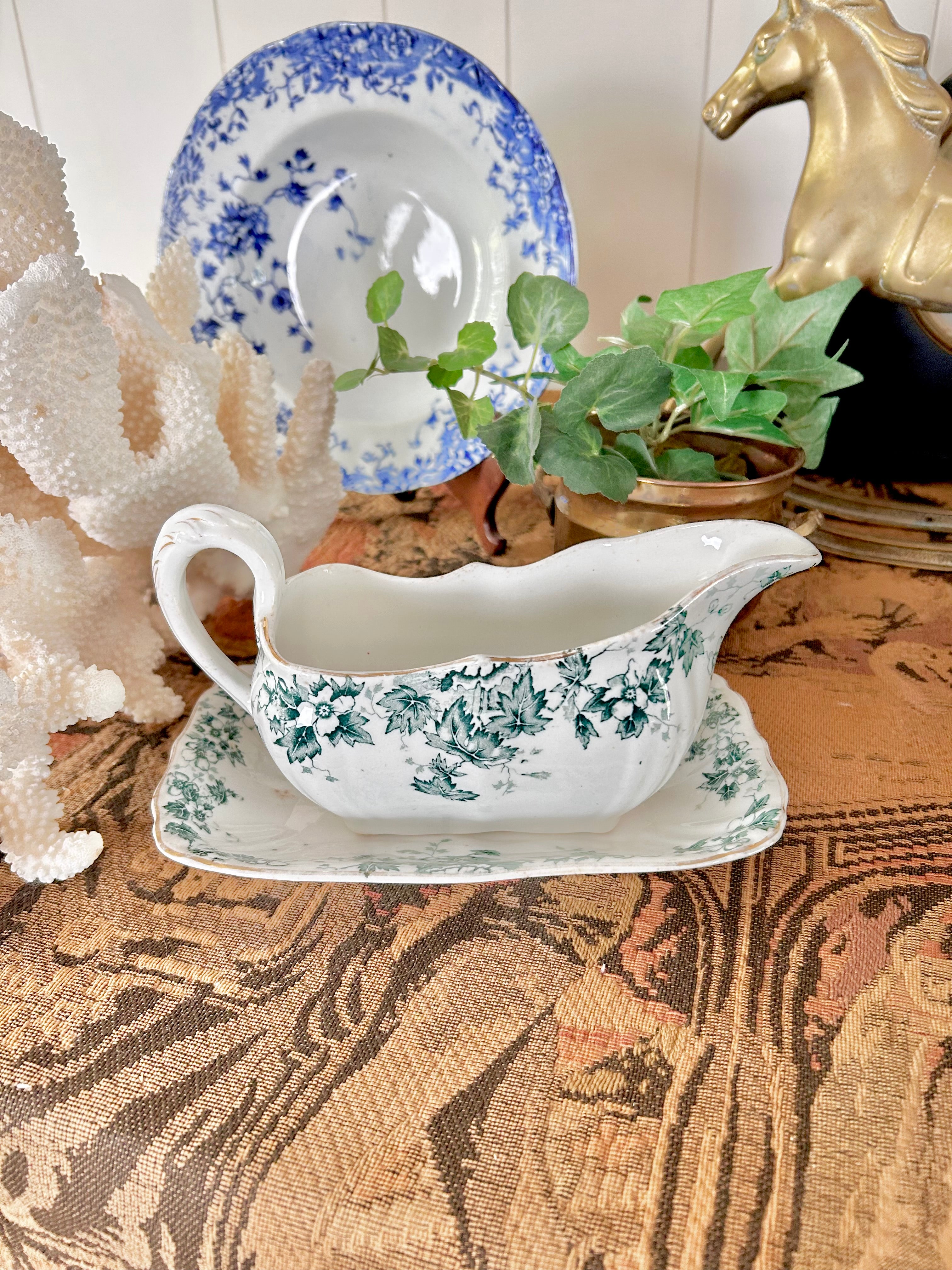 Antique Royal Vitreous Green White Transferware Gravy Boat with Underplate