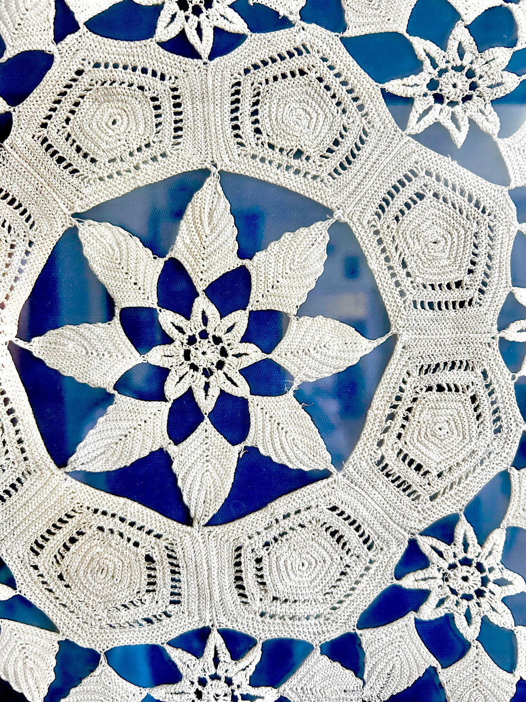 Vintage Framed Crochet and Blue Velvet Wall Decor