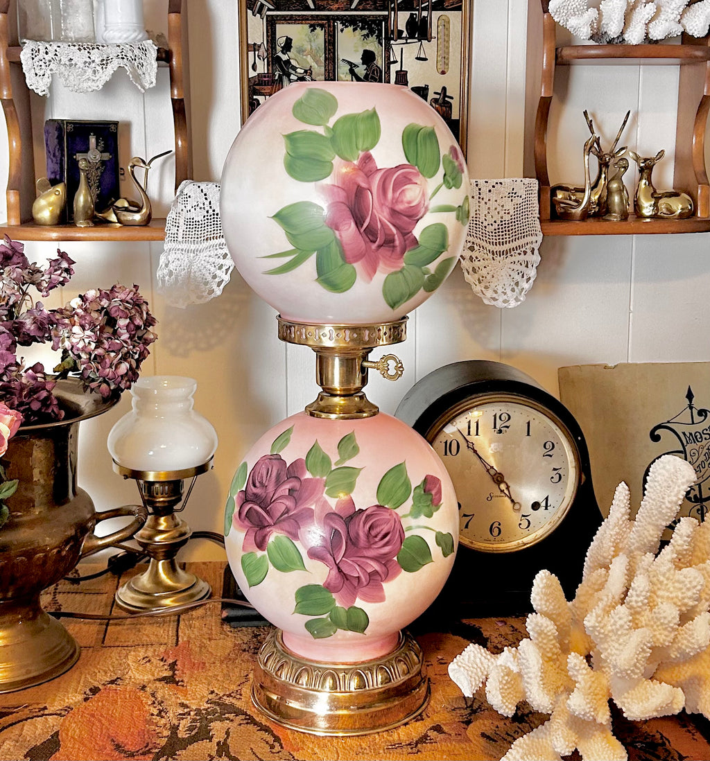Vintage Three Way Glass Globe Lamp Hand-painted Roses