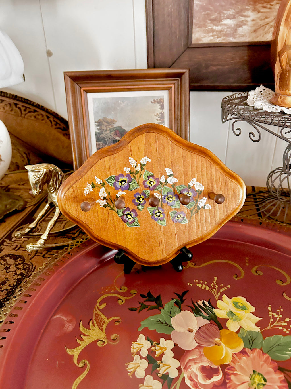 Small Vintage Wooden Wall Hanger with Handpainted Flowers