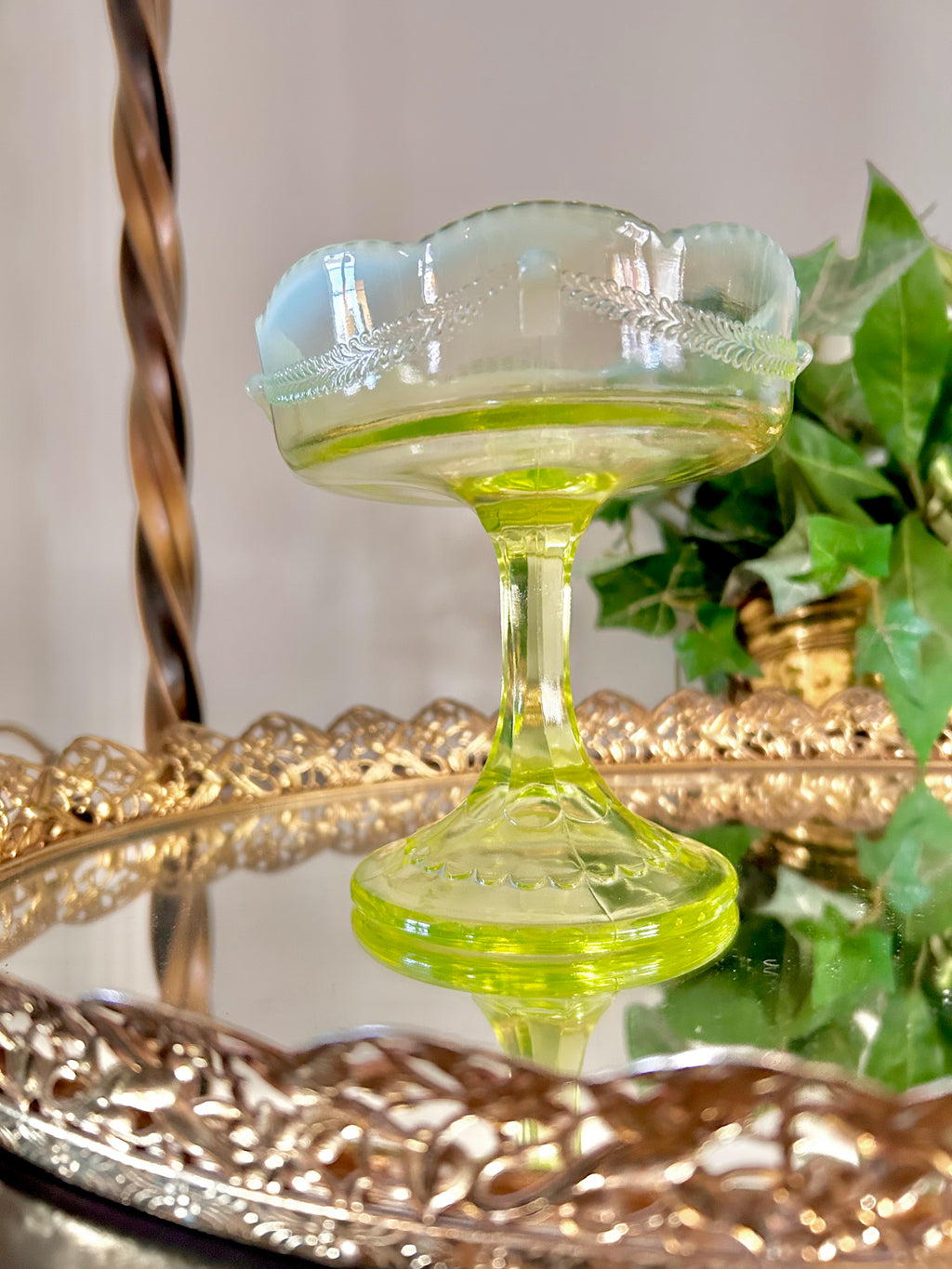 Antique Jefferson Glass Vaseline Opalescent Compote