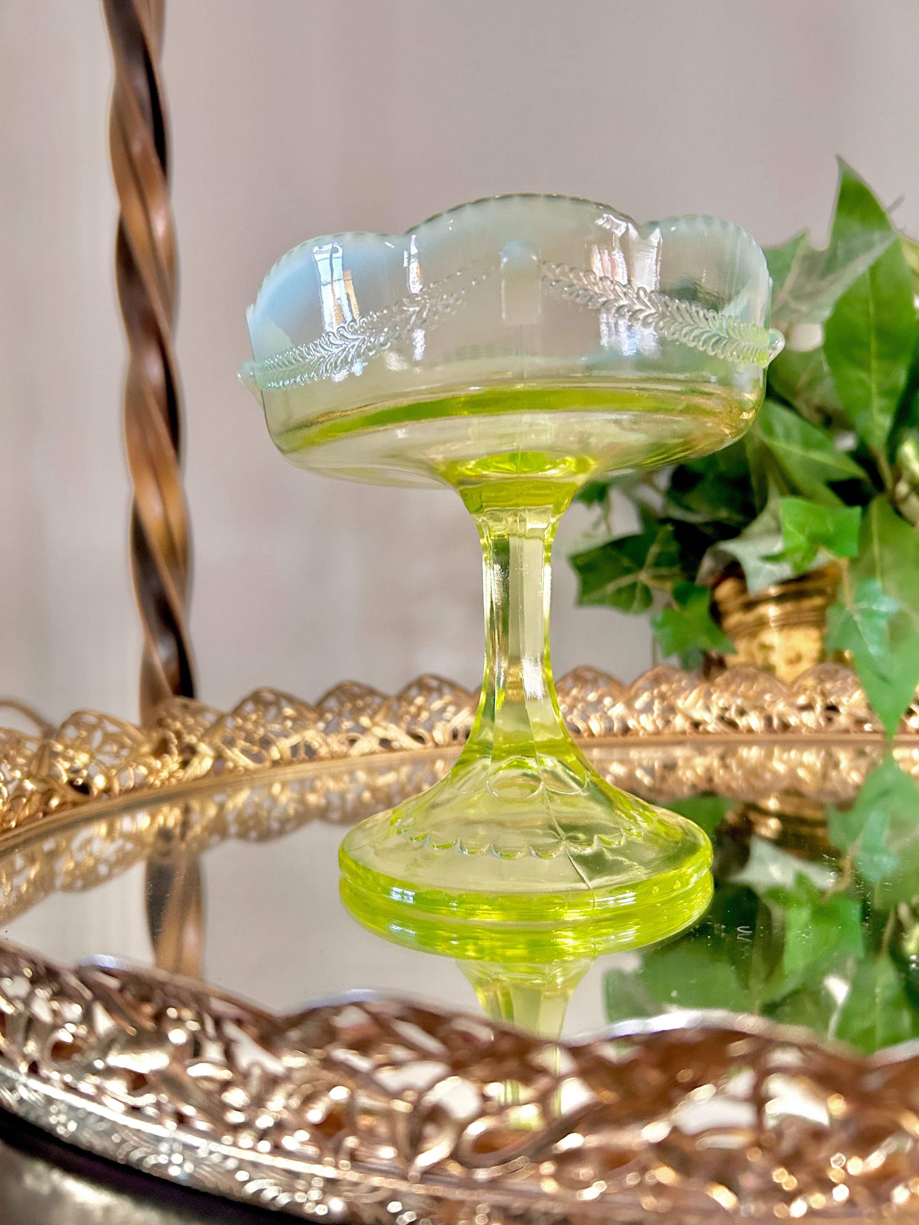 Antique Jefferson Glass Vaseline Opalescent Compote