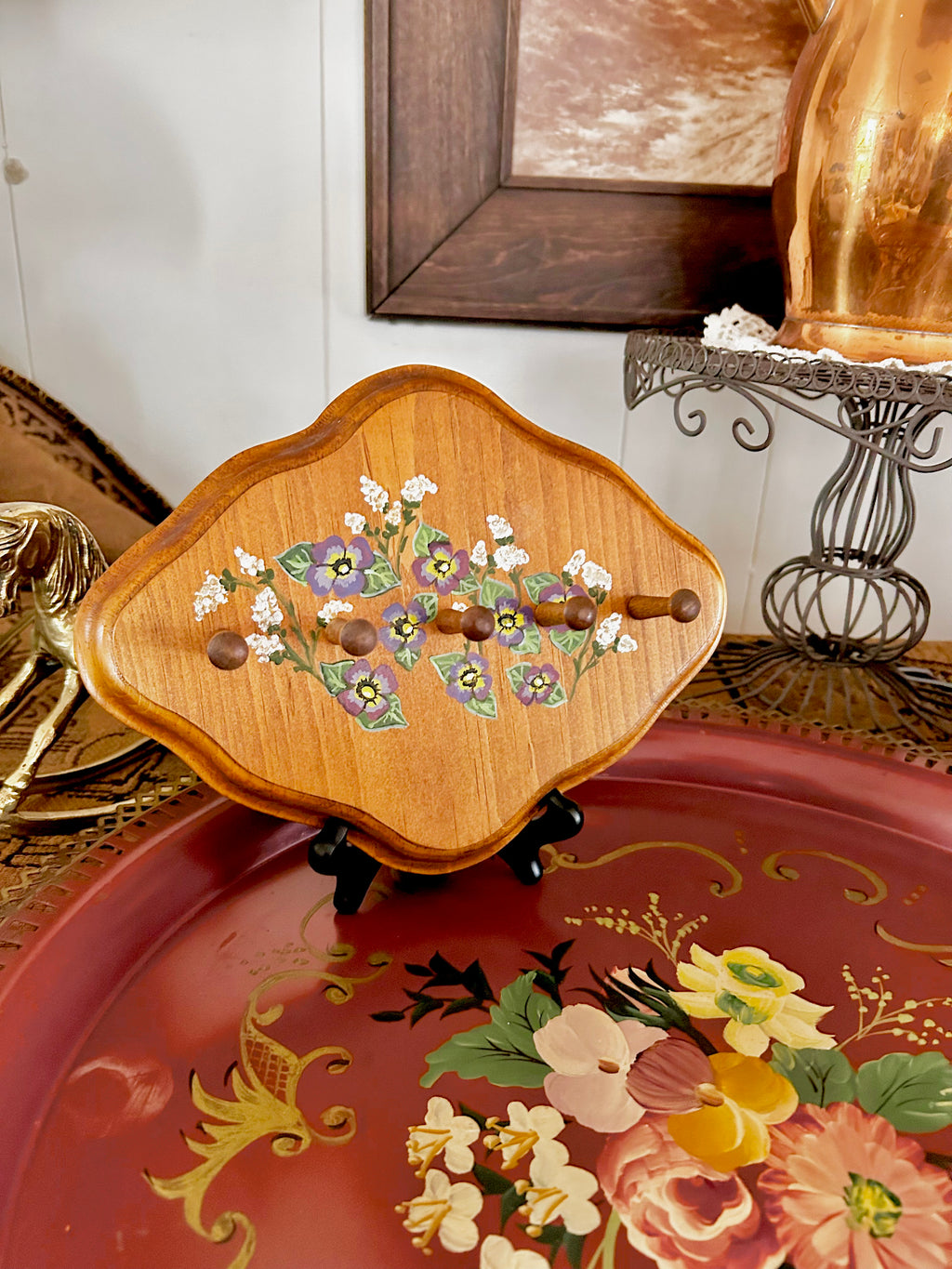 Small Vintage Wooden Wall Hanger with Handpainted Flowers