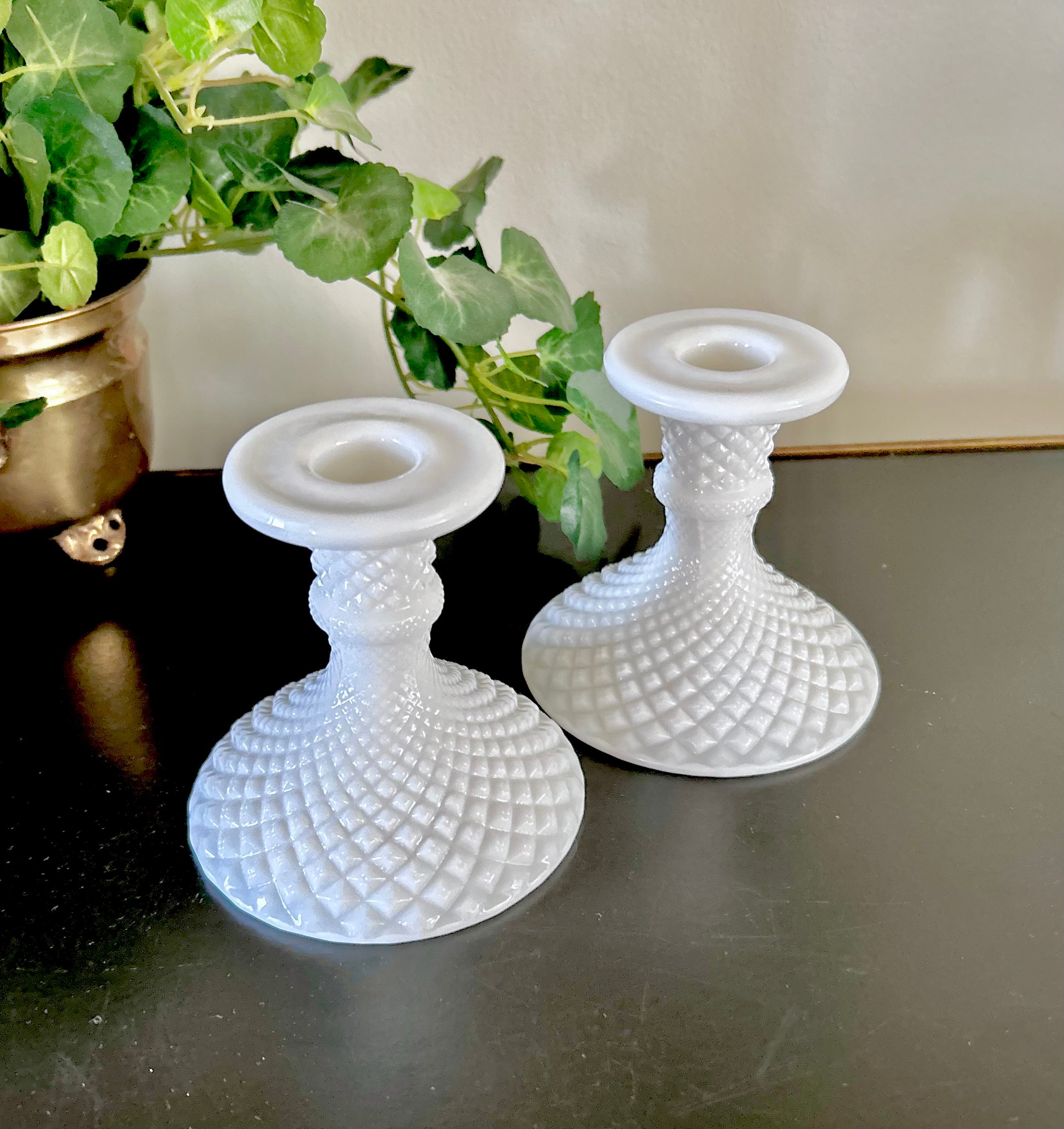 Milk Glass Candle Holders Diamond Hobnail