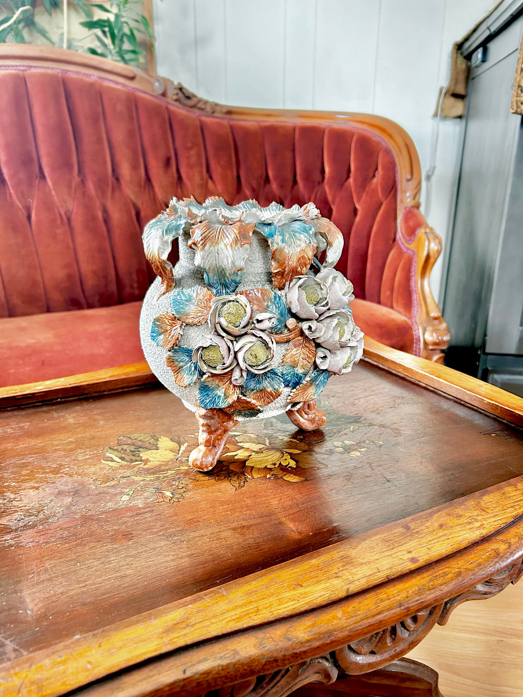 Antique English Barbotine Majolica Footed Vase