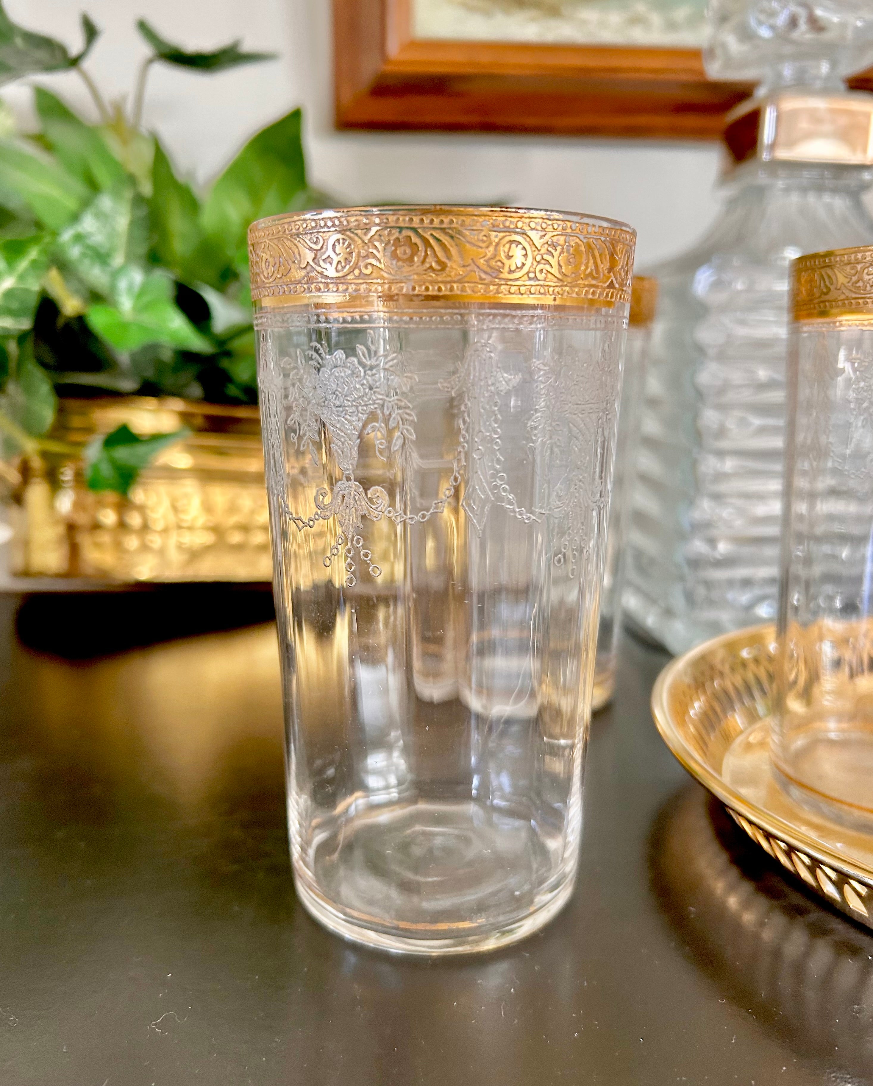 Midcentury Tiffin Ribbed Gilt Glass Tumblers set of 6