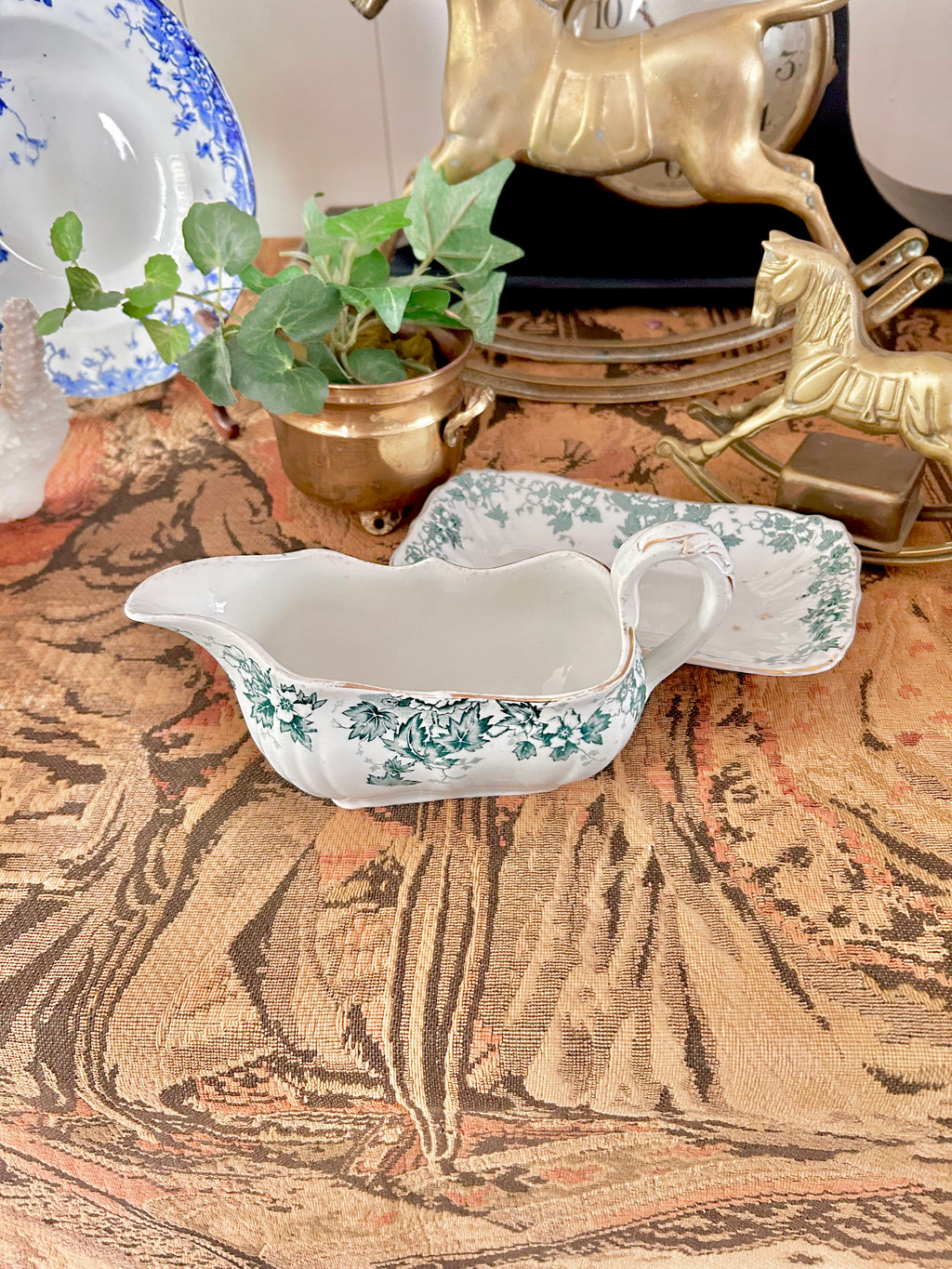 Antique Royal Vitreous Green White Transferware Gravy Boat with Underplate