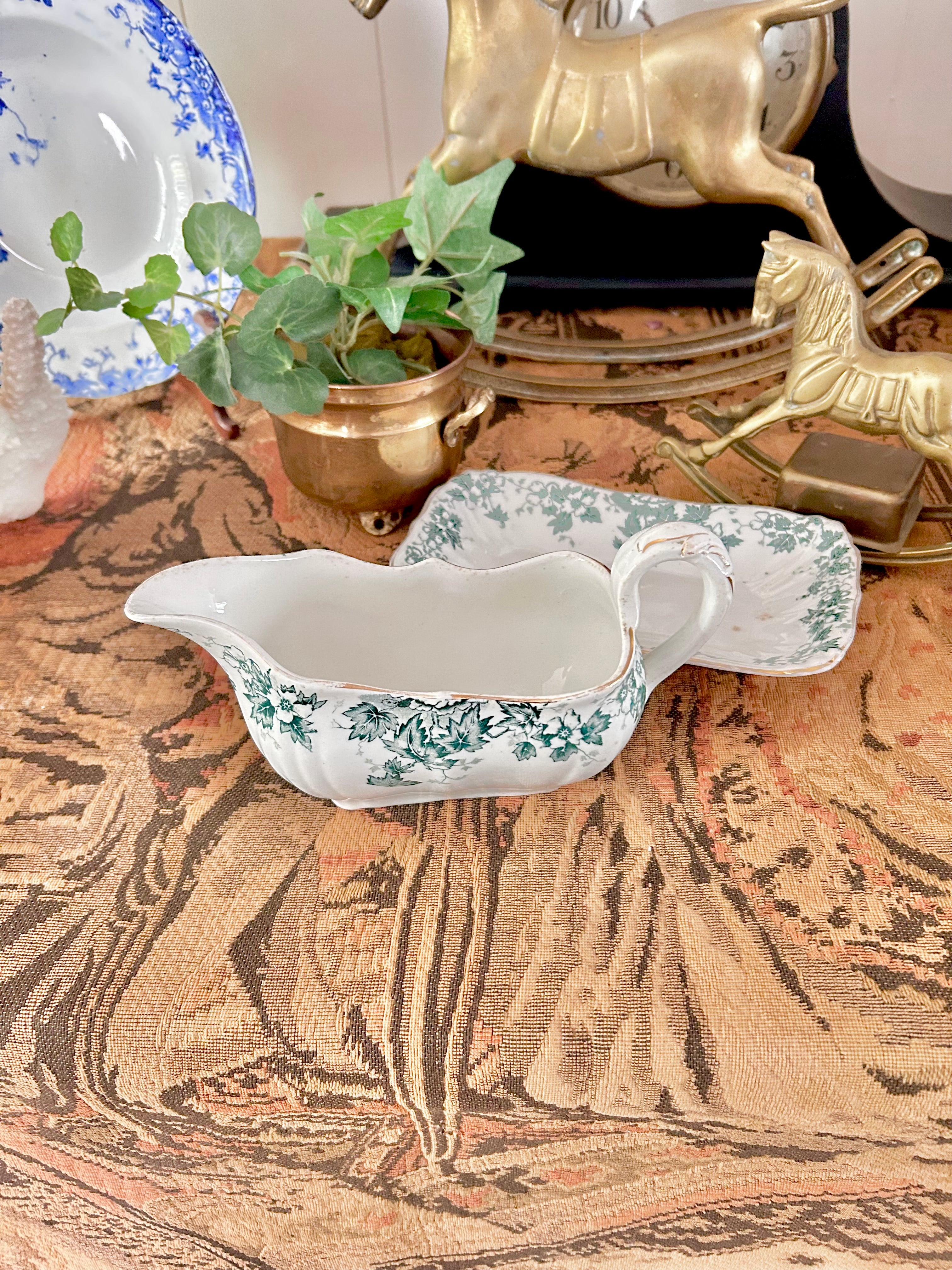Antique Royal Vitreous Green White Transferware Gravy Boat with Underplate