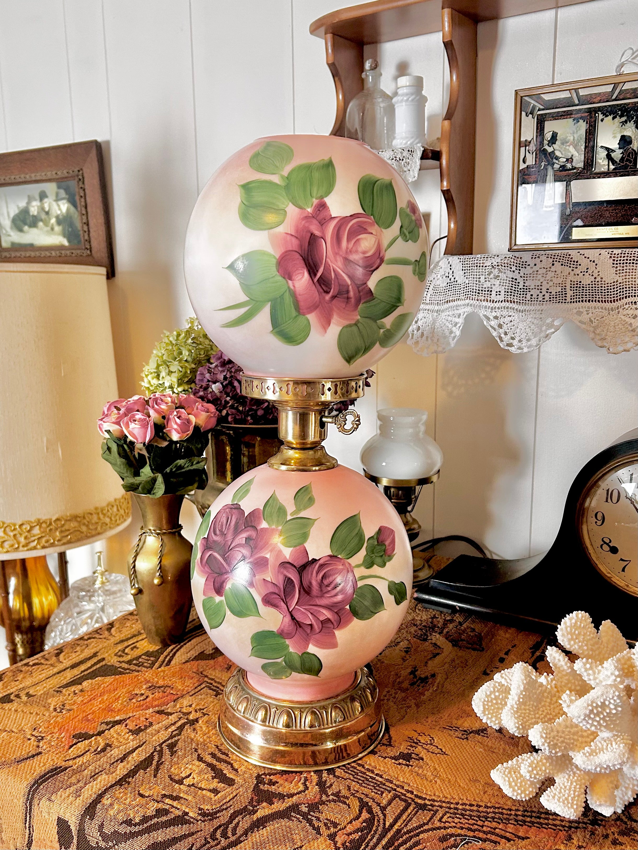 Vintage Three Way Glass Globe Lamp Hand-painted Roses