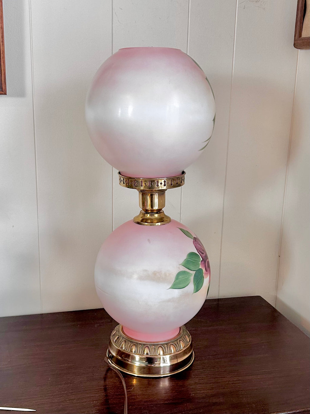 Vintage Three Way Glass Globe Lamp Hand-painted Roses
