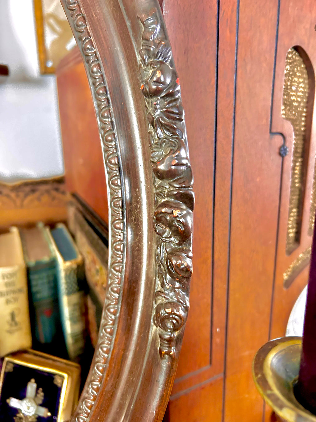Antique Wooden Oval Frame with Carved Floral Garland