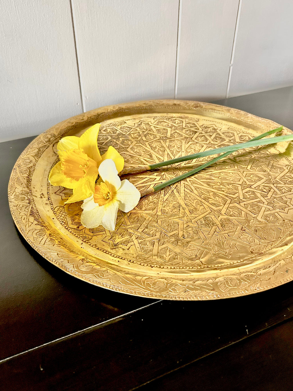 Vintage Solid Brass Round Tray with Moroccan Motif