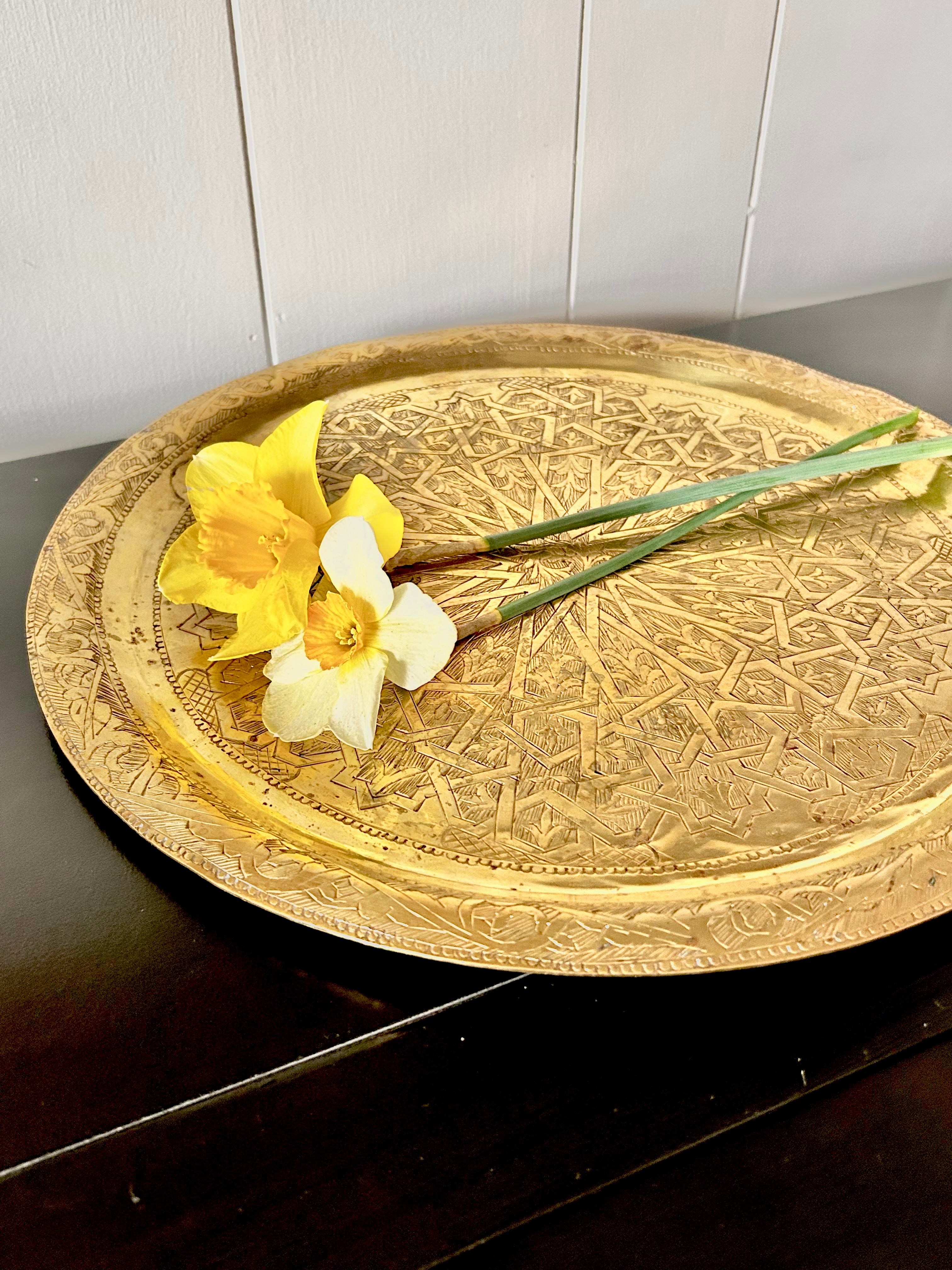 Vintage Solid Brass Round Tray with Moroccan Motif