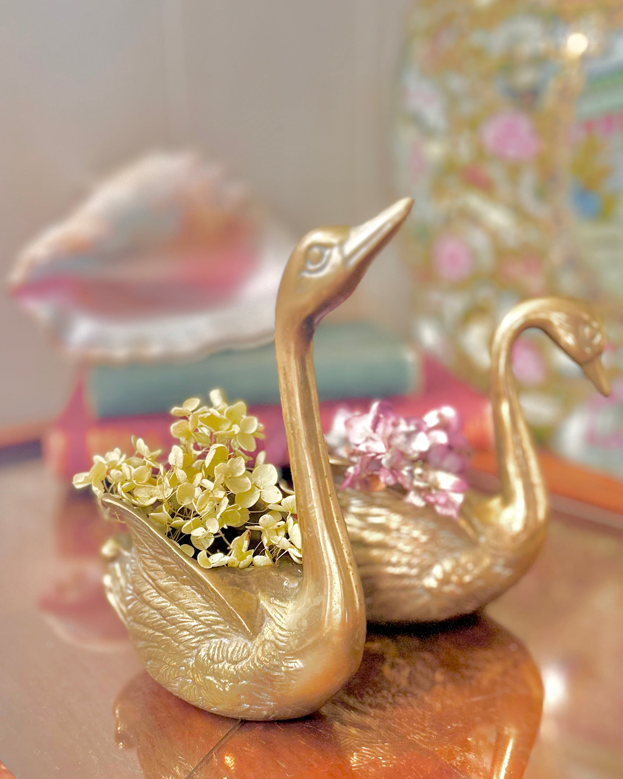 Pair of Vintage Brass Swan Planters
