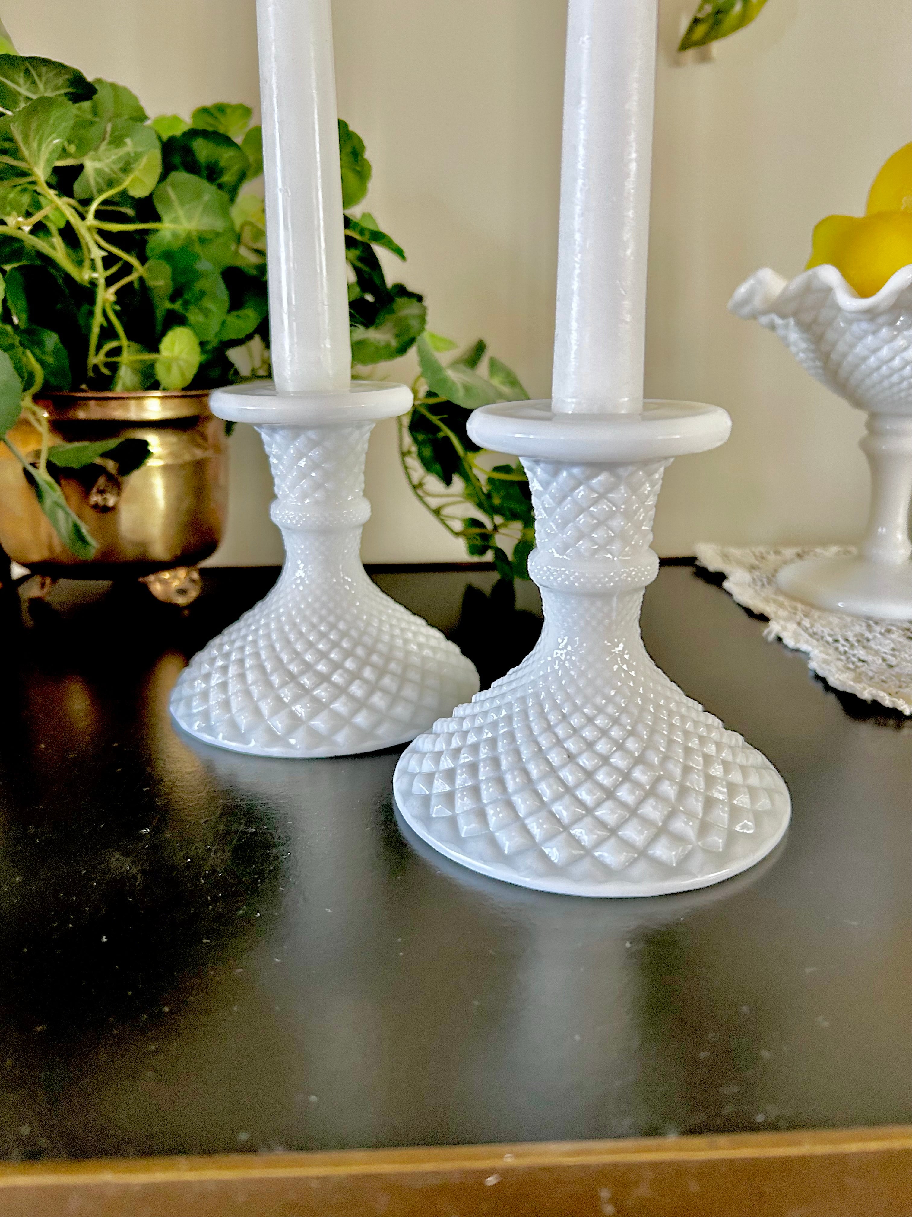 Milk Glass Candle Holders Diamond Hobnail