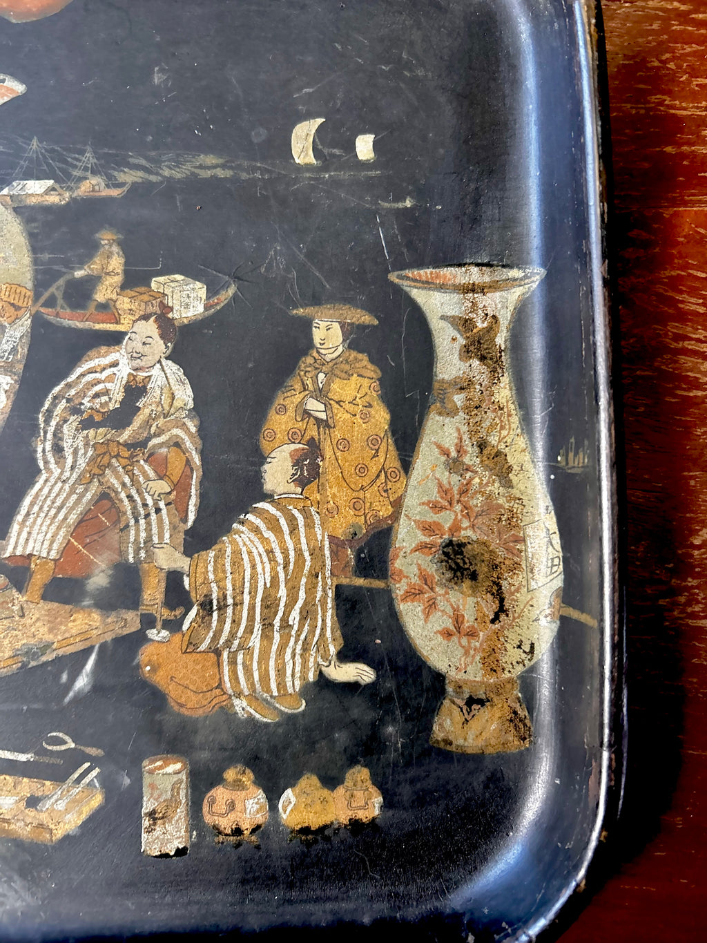 Antique 19th Century English Papier Mache Tray Chinoiserie Motif