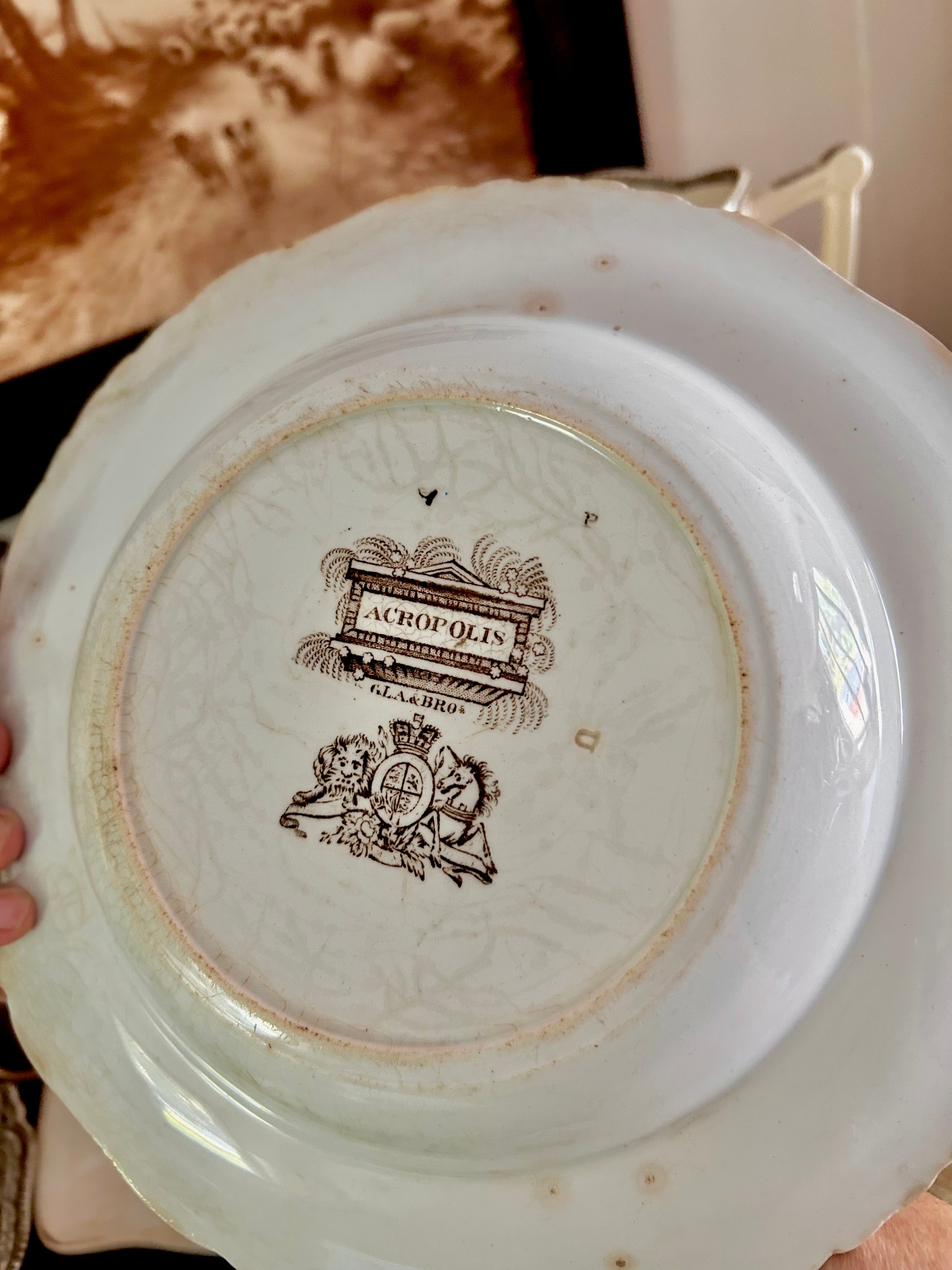 Antique Stained Worn Ironstone Transferware Dishes
