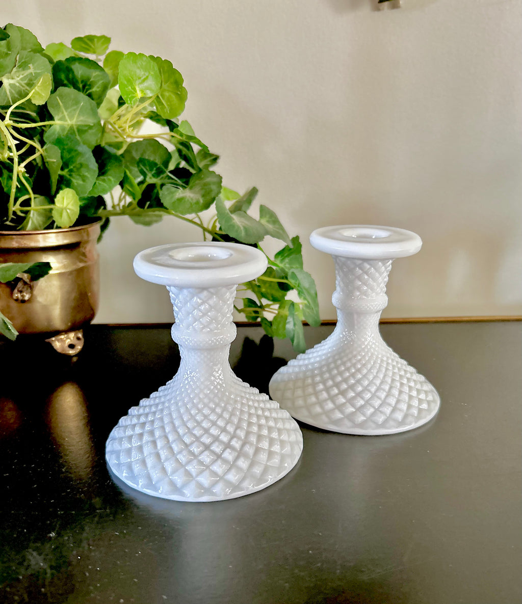 Milk Glass Candle Holders Diamond Hobnail