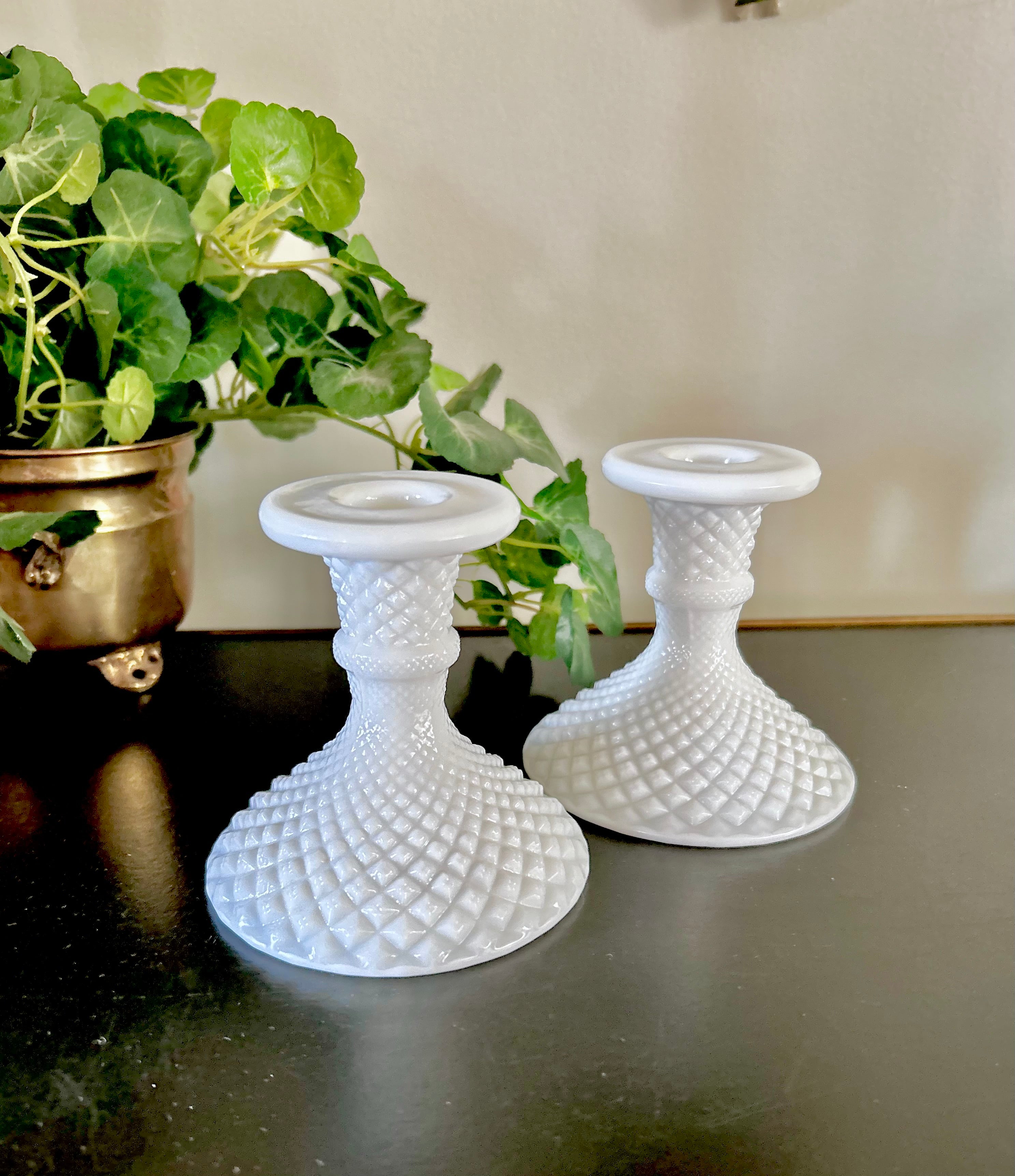 Milk Glass Candle Holders Diamond Hobnail