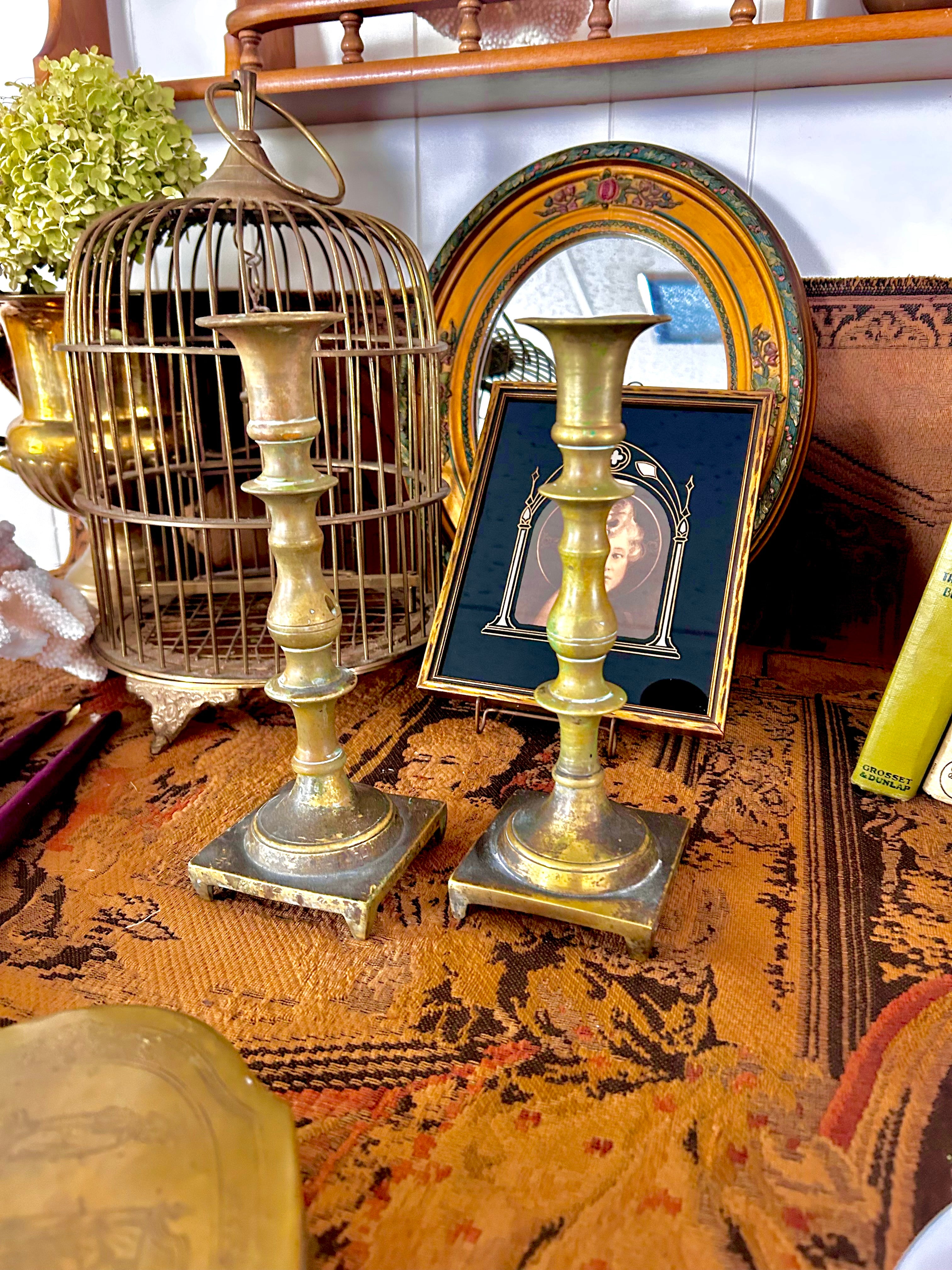 Vintage-Worn Brass Candlestick Holders