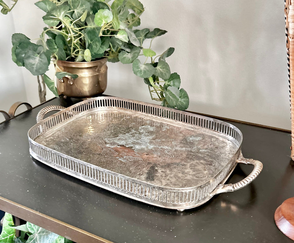 Small Vintage Silver plate Tray with Reticulated Raised Rim