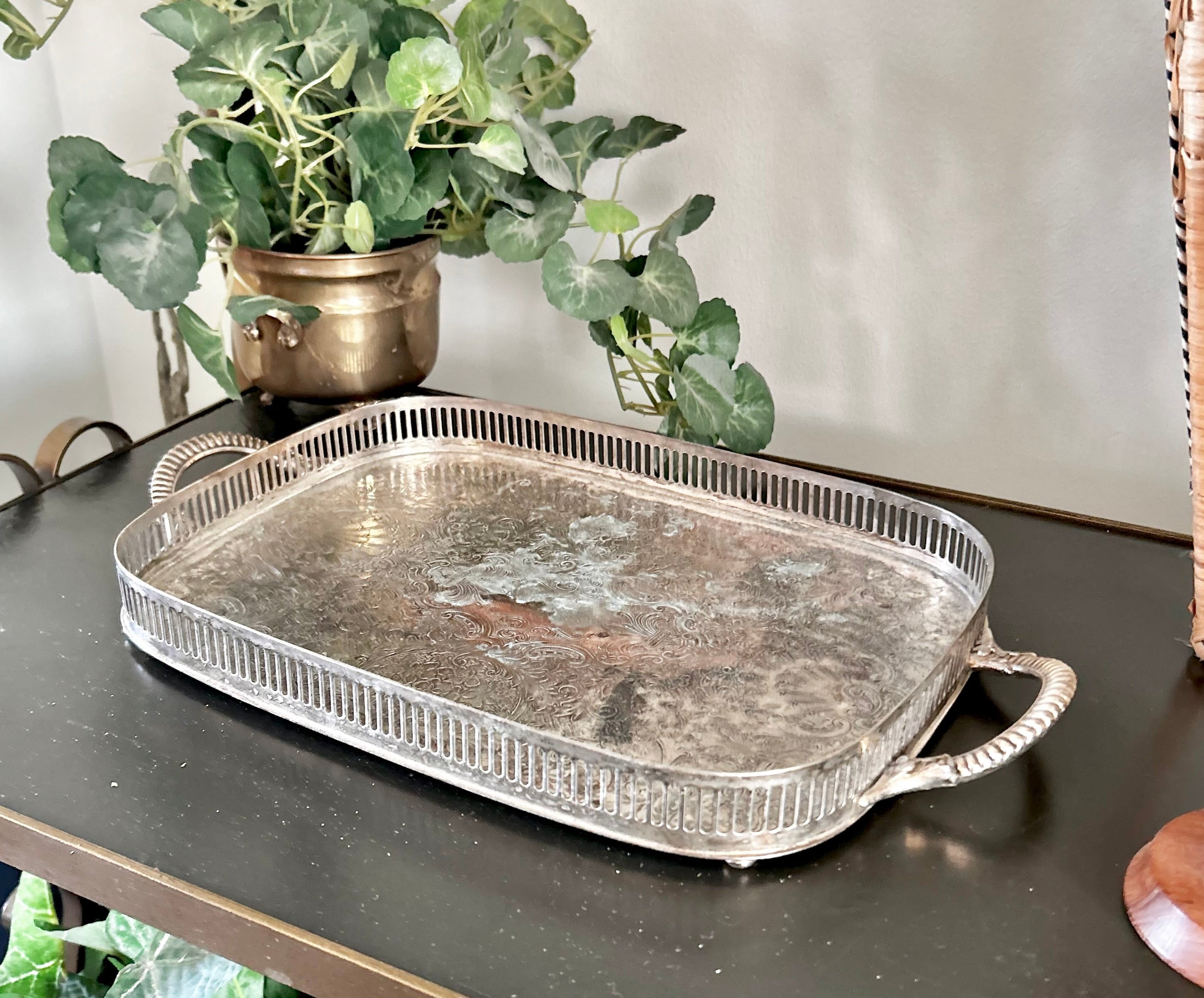 Small Vintage Silver plate Tray with Reticulated Raised Rim