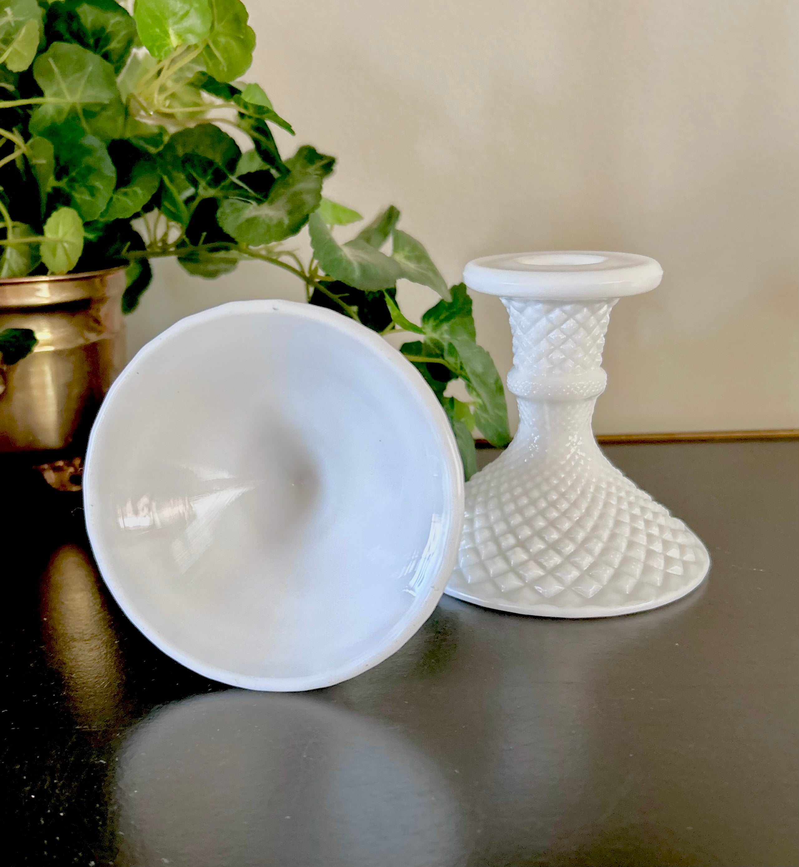 Milk Glass Candle Holders Diamond Hobnail