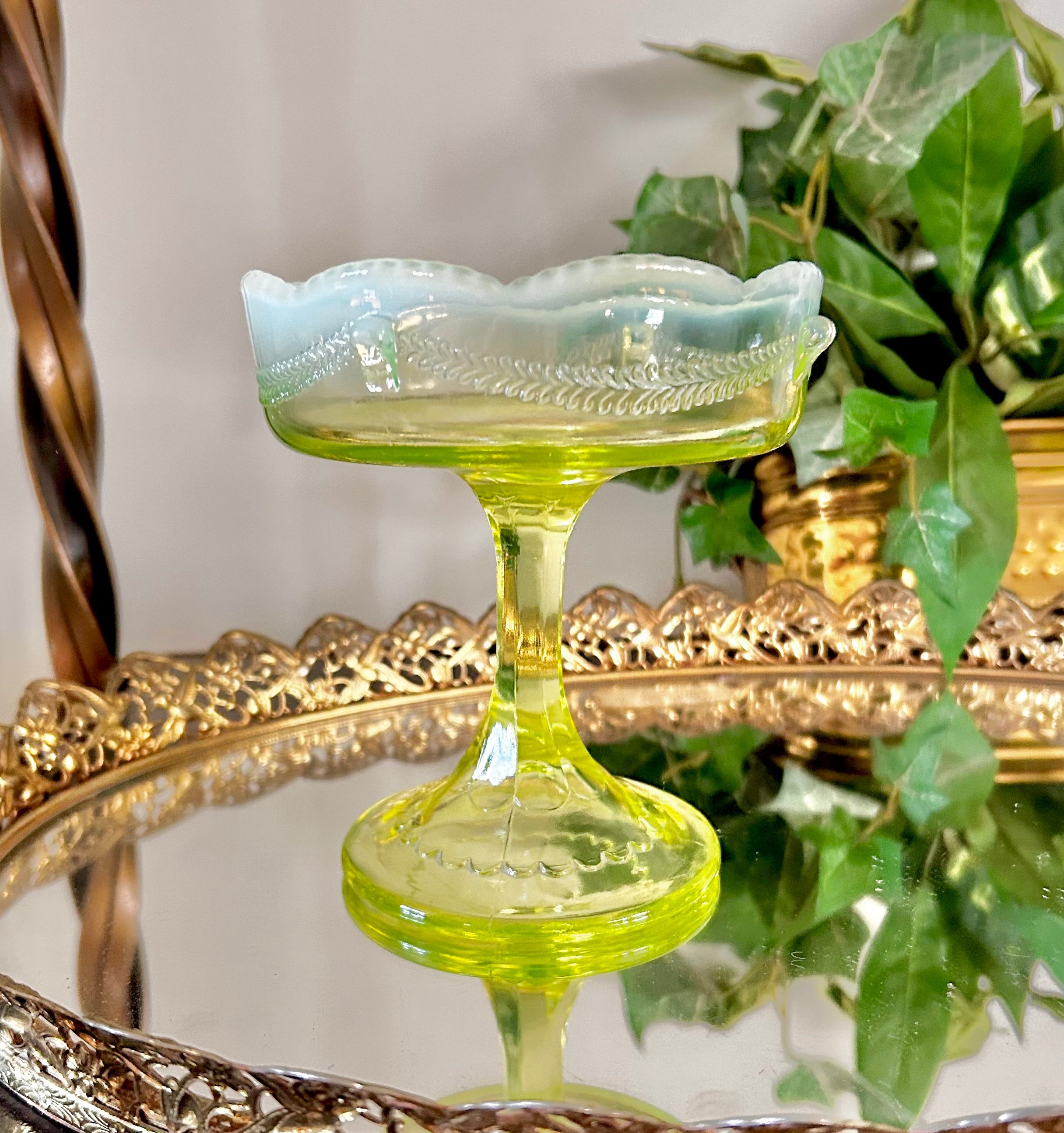 Antique Jefferson Glass Vaseline Opalescent Compote