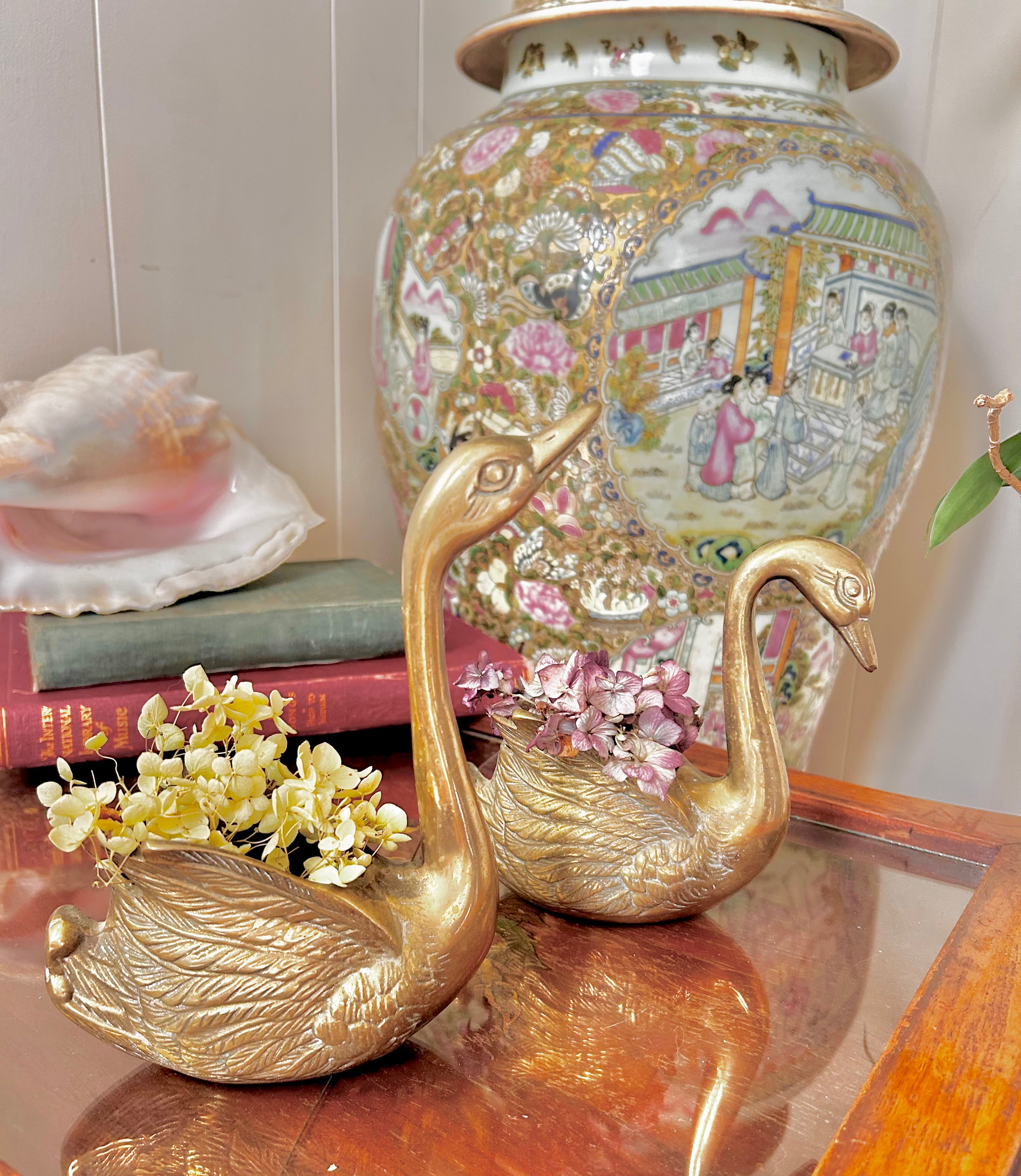 Pair of Vintage Brass Swan Planters