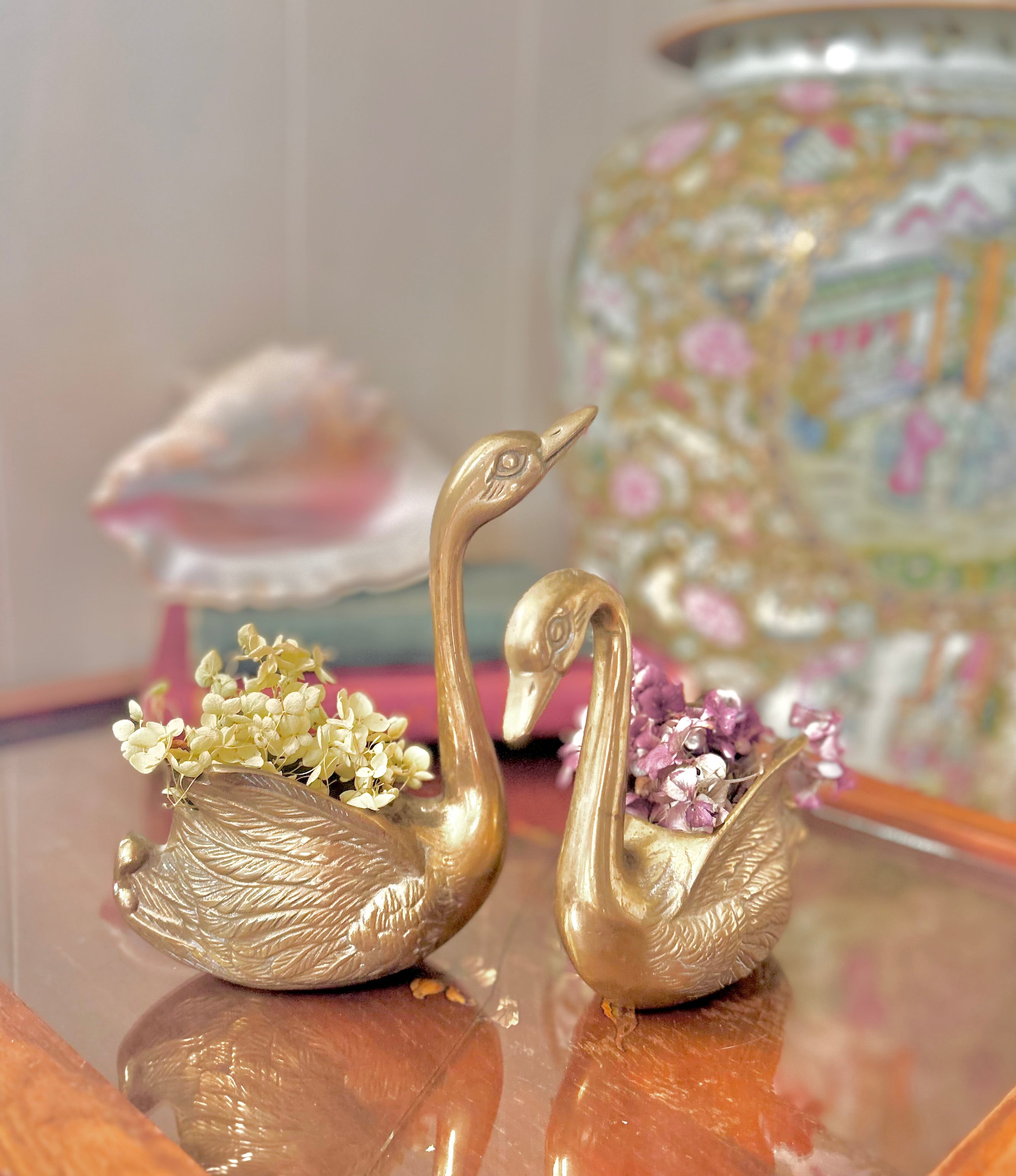 Pair of Vintage Brass Swan Planters