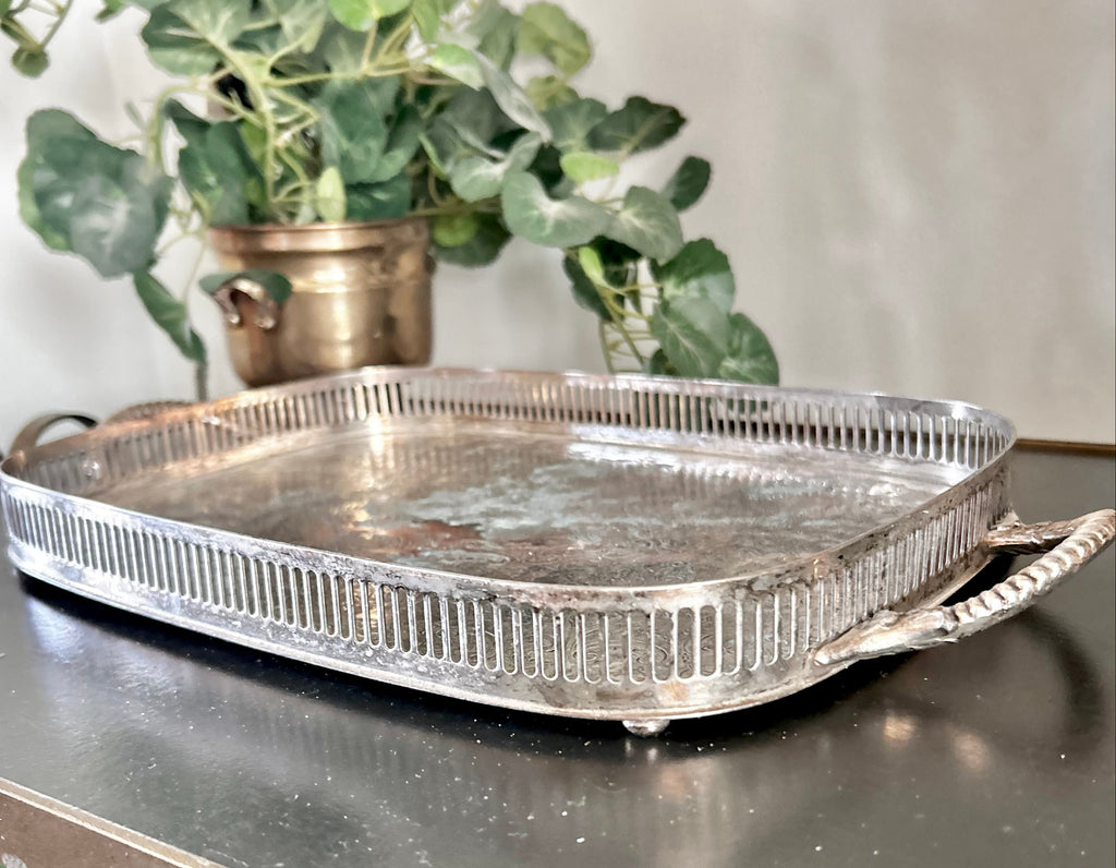 Small Vintage Silver plate Tray with Reticulated Raised Rim