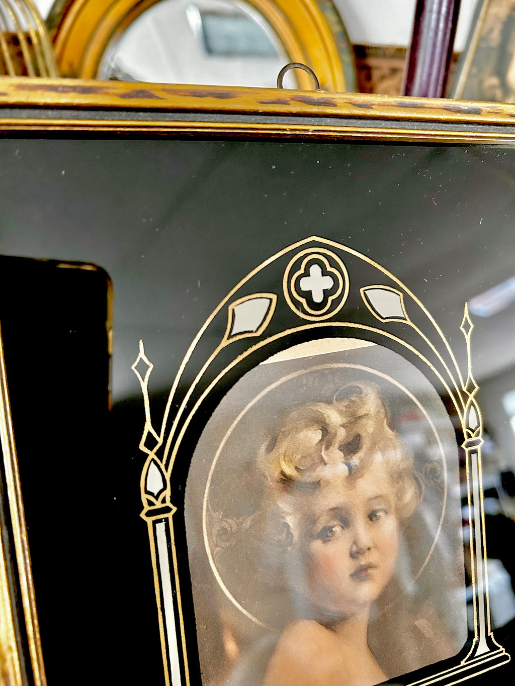 Art Deco "Light of the World" Portrait with Reverse Painted Glass