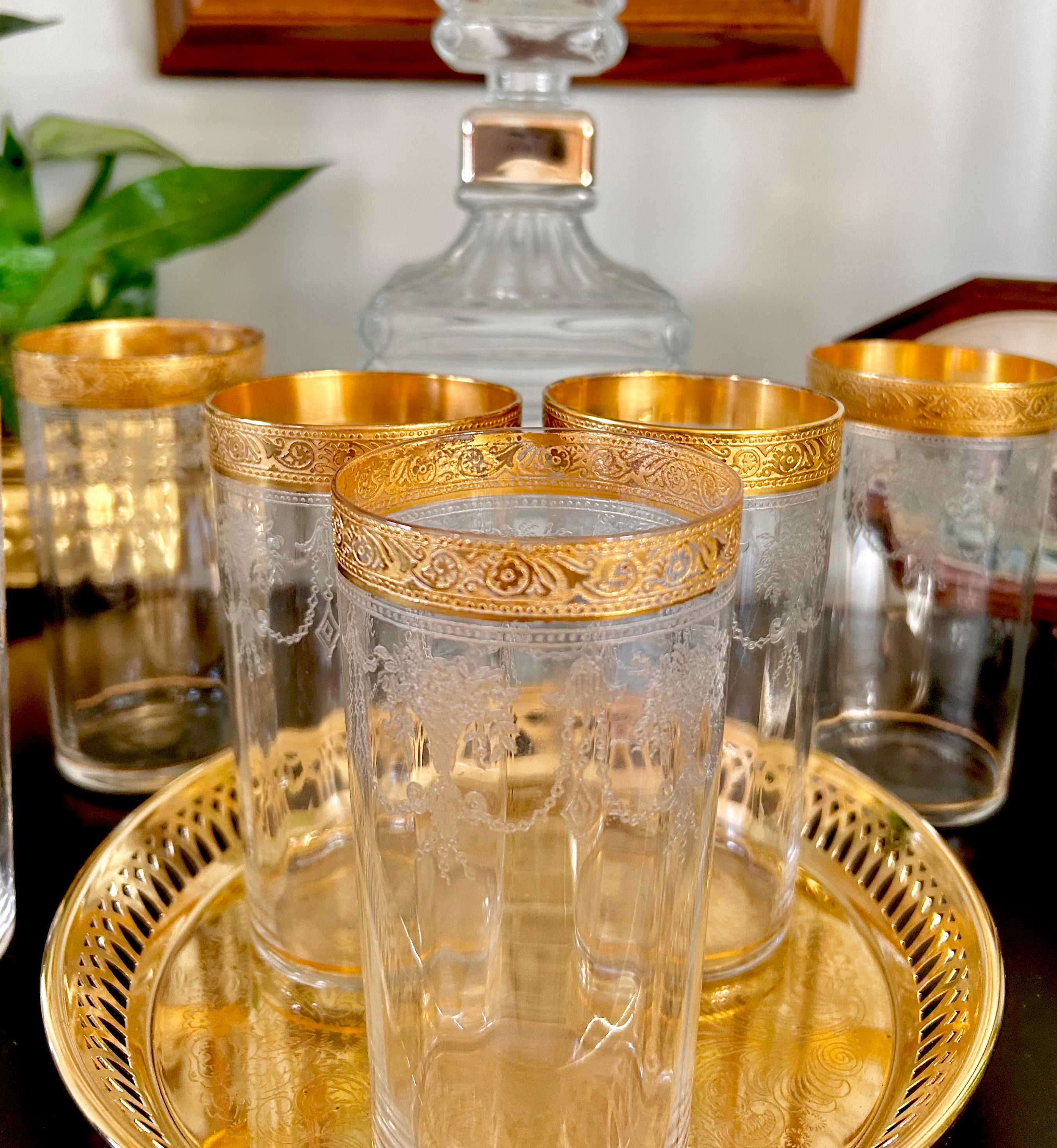 Midcentury Tiffin Ribbed Gilt Glass Tumblers set of 6