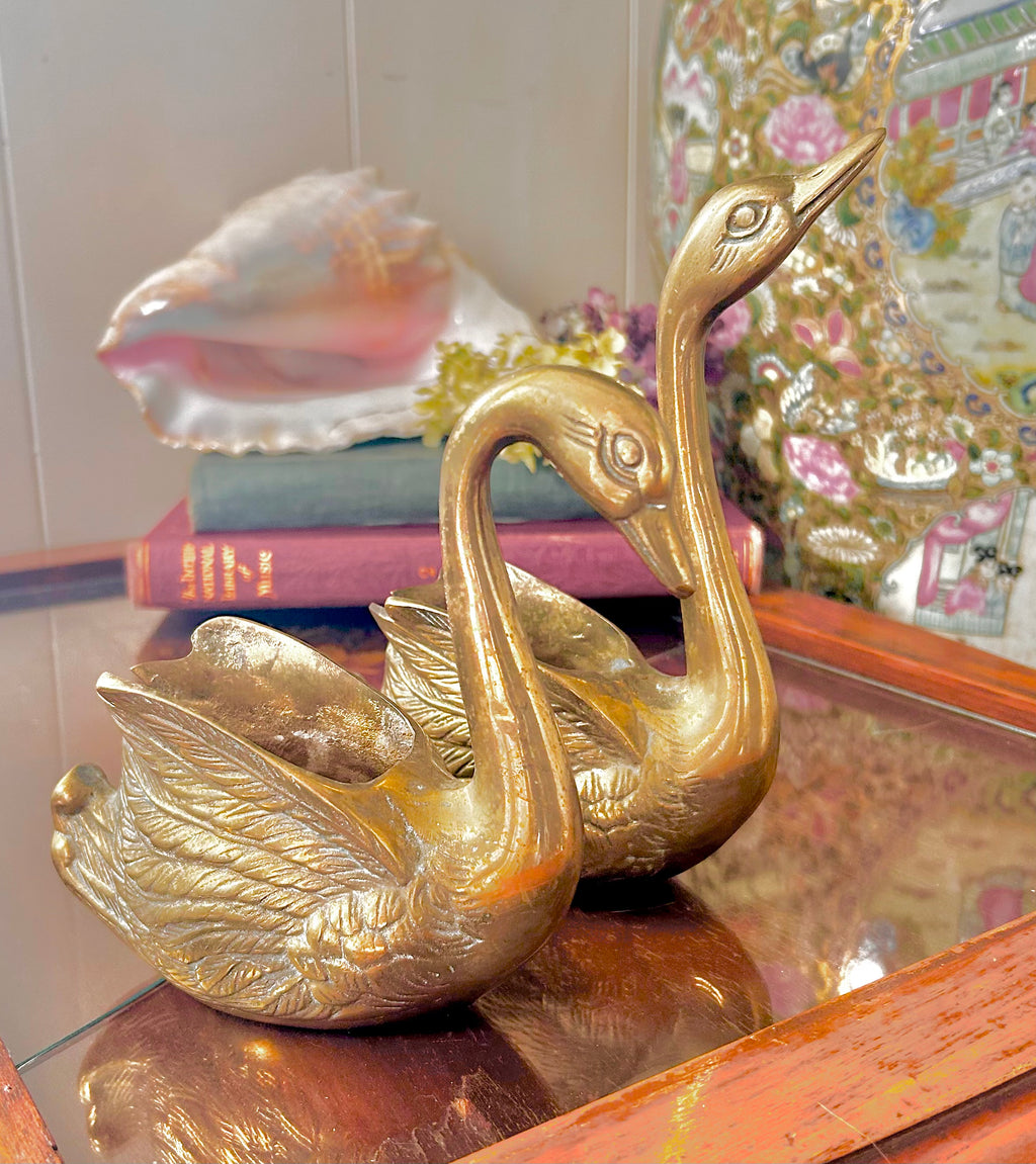 Pair of Vintage Brass Swan Planters