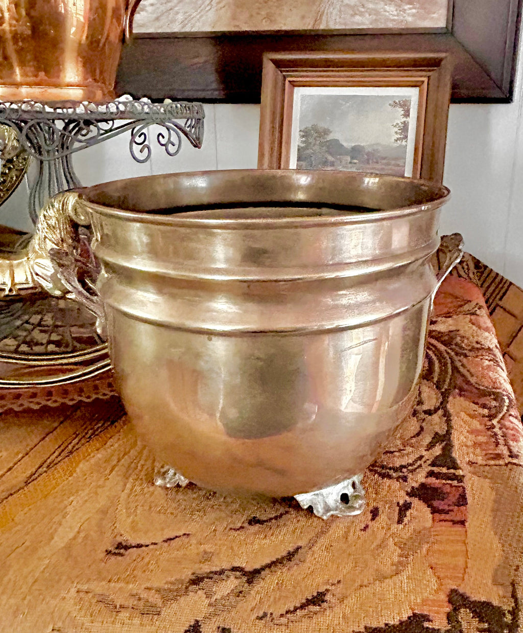 Vintage Solid Brass Footed Cachepot