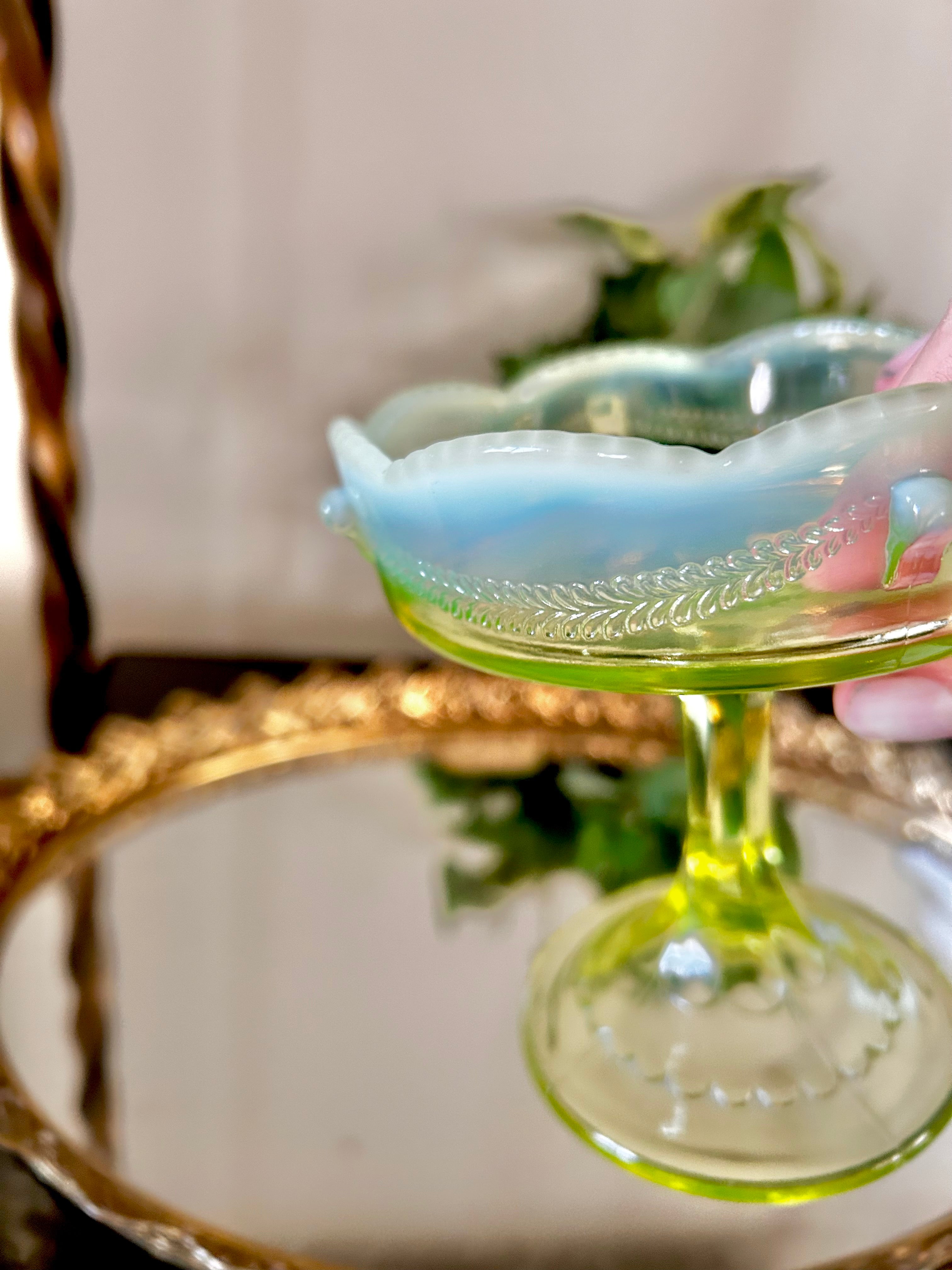Antique Jefferson Glass Vaseline Opalescent Compote