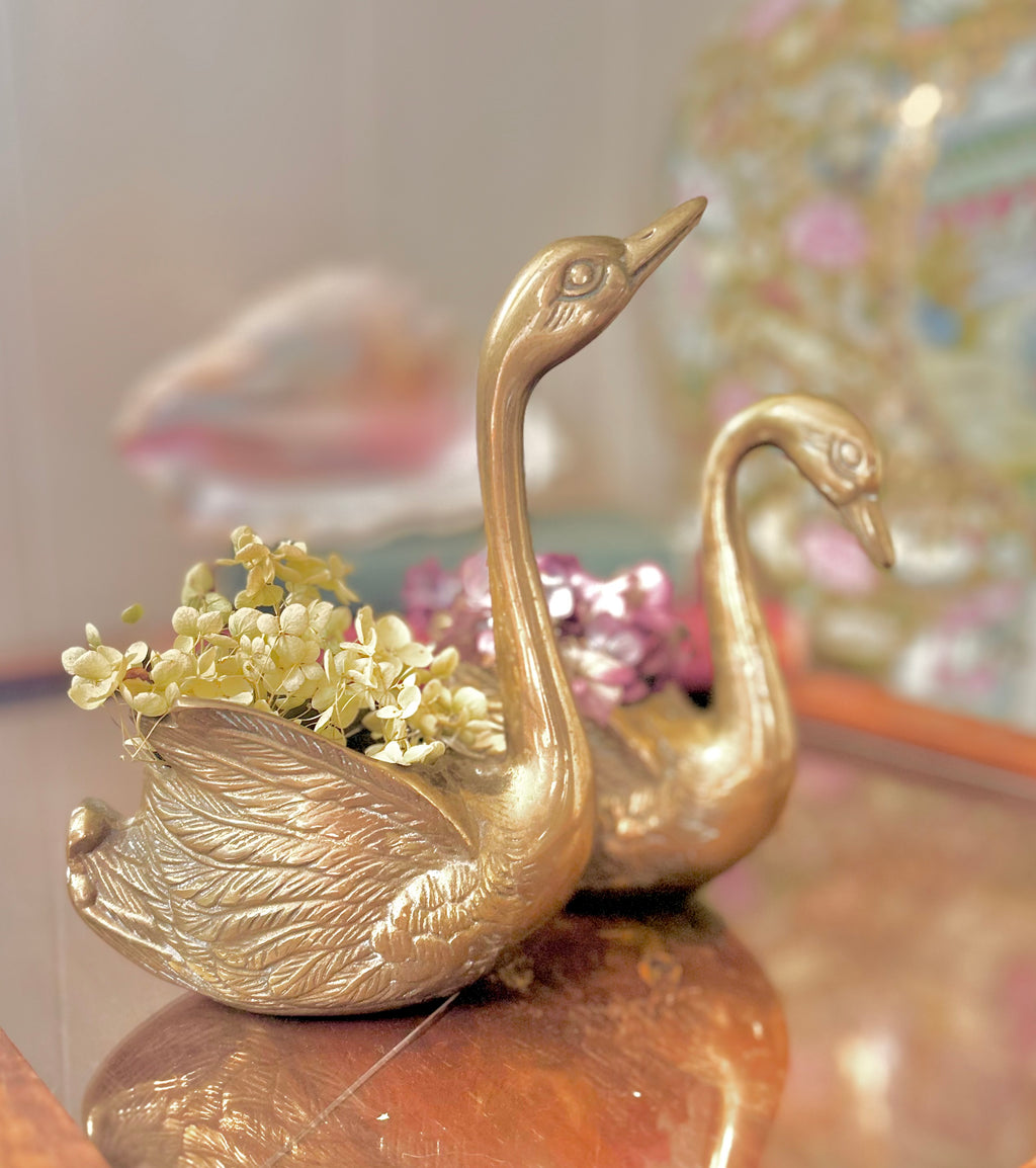 Pair of Vintage Brass Swan Planters