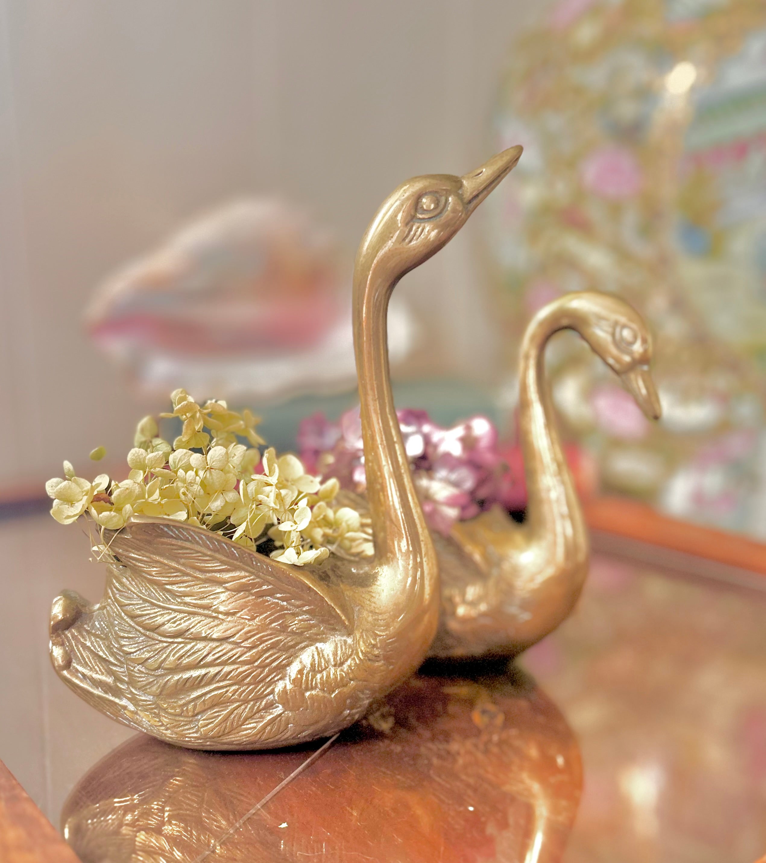 Pair of Vintage Brass Swan Planters