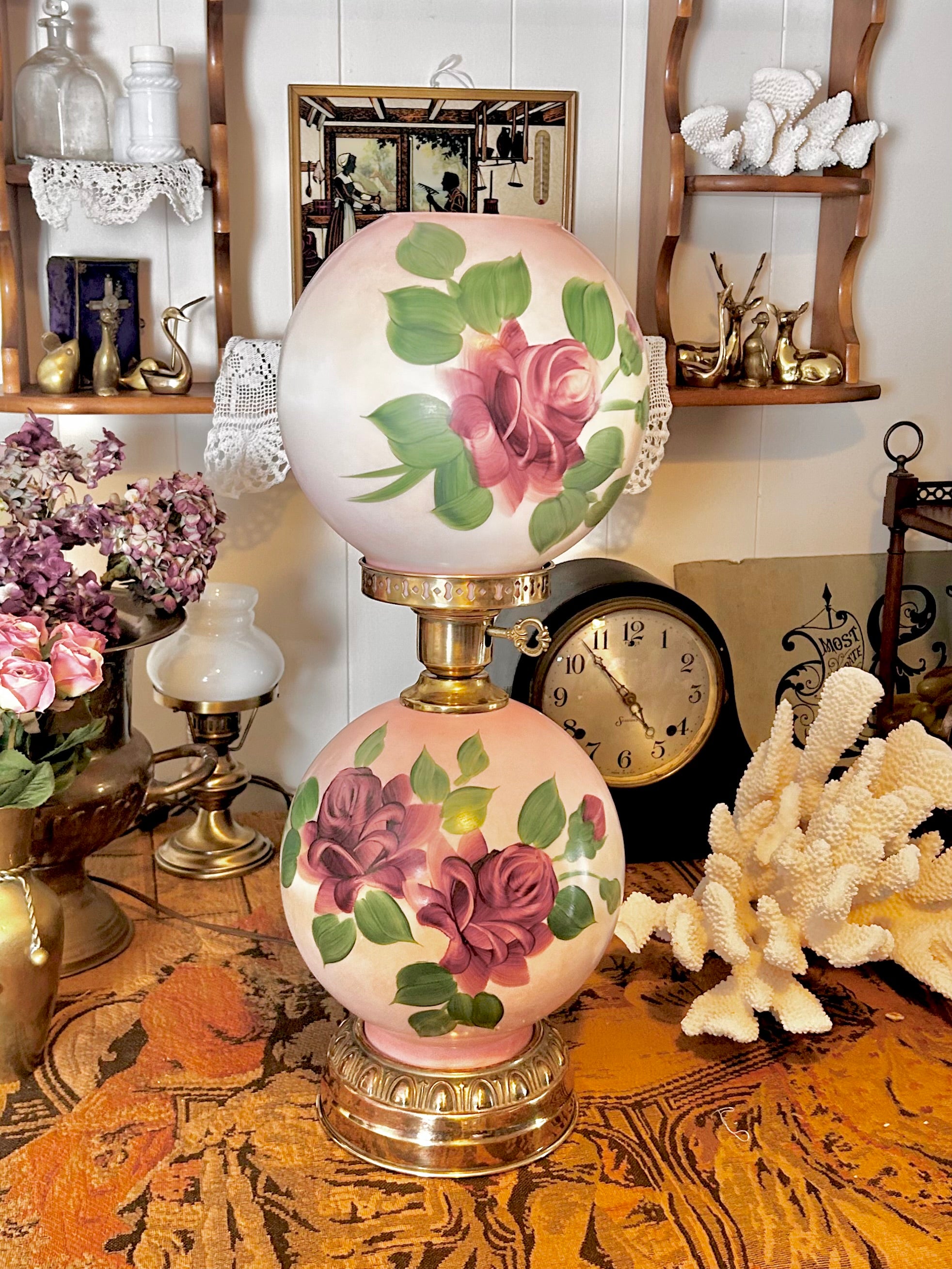 Vintage Three Way Glass Globe Lamp Hand-painted Roses
