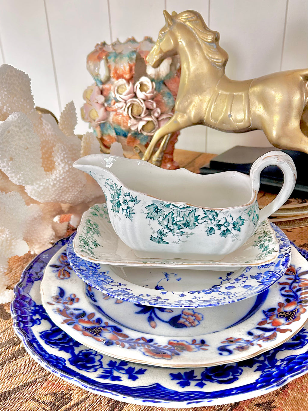 Antique Royal Vitreous Green White Transferware Gravy Boat with Underplate