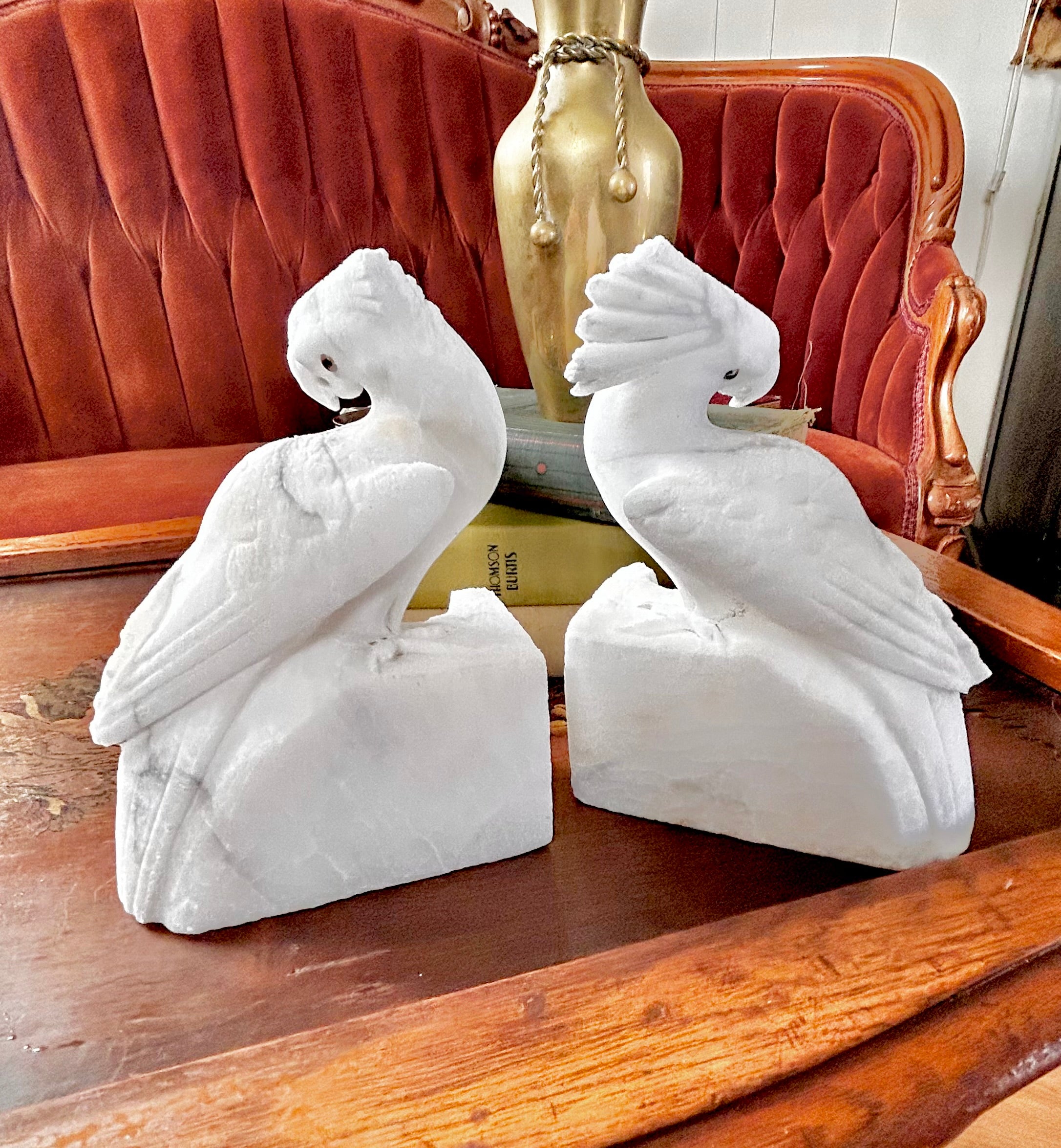 Vintage Hand-carved Natural Stone Bird Bookends - Vintage Worn
