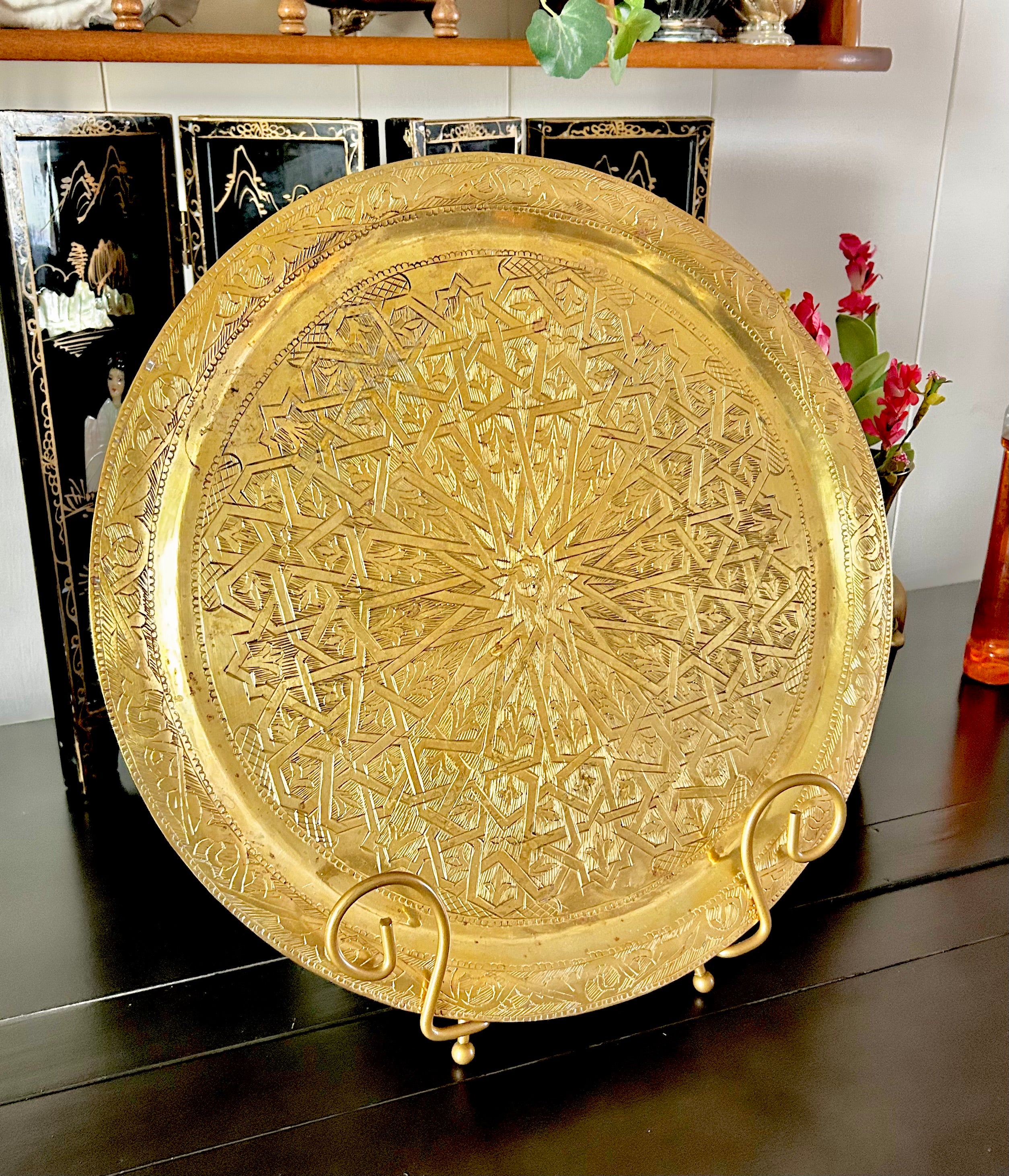 Vintage Solid Brass Round Tray with Moroccan Motif