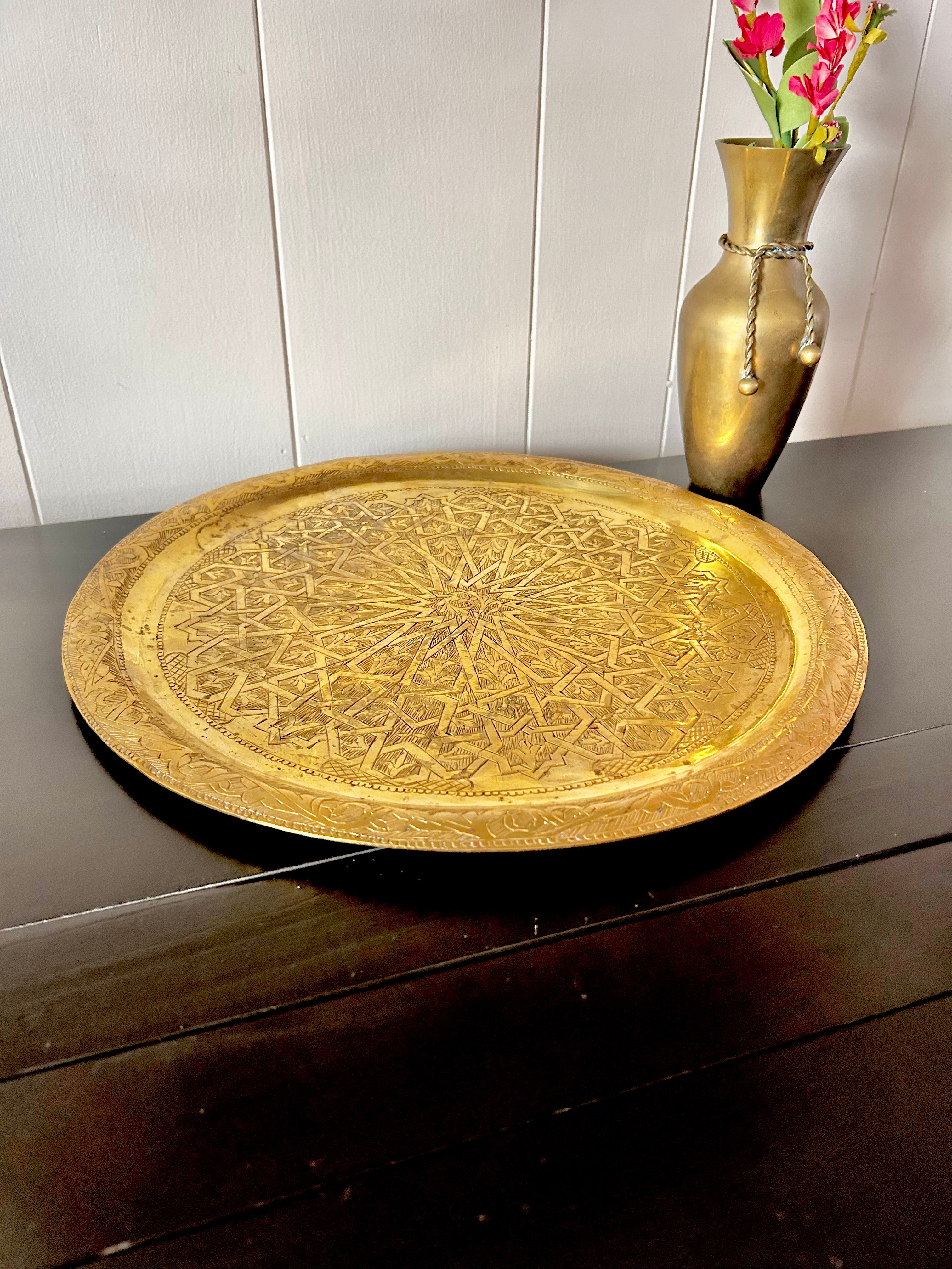 Vintage Solid Brass Round Tray with Moroccan Motif