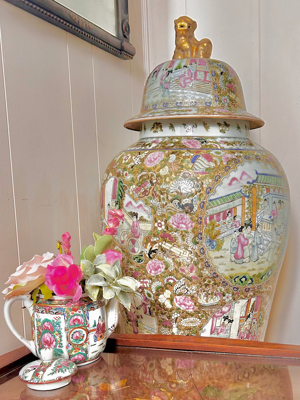 Antique Huge Sized Famille Rose (Medallion) Floor Ginger Jar Vase - flawless