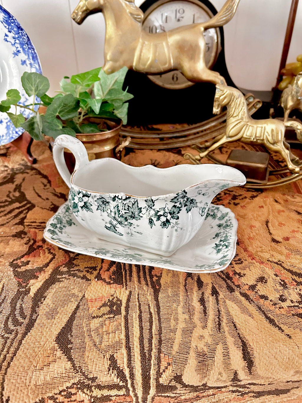 Antique Royal Vitreous Green White Transferware Gravy Boat with Underplate